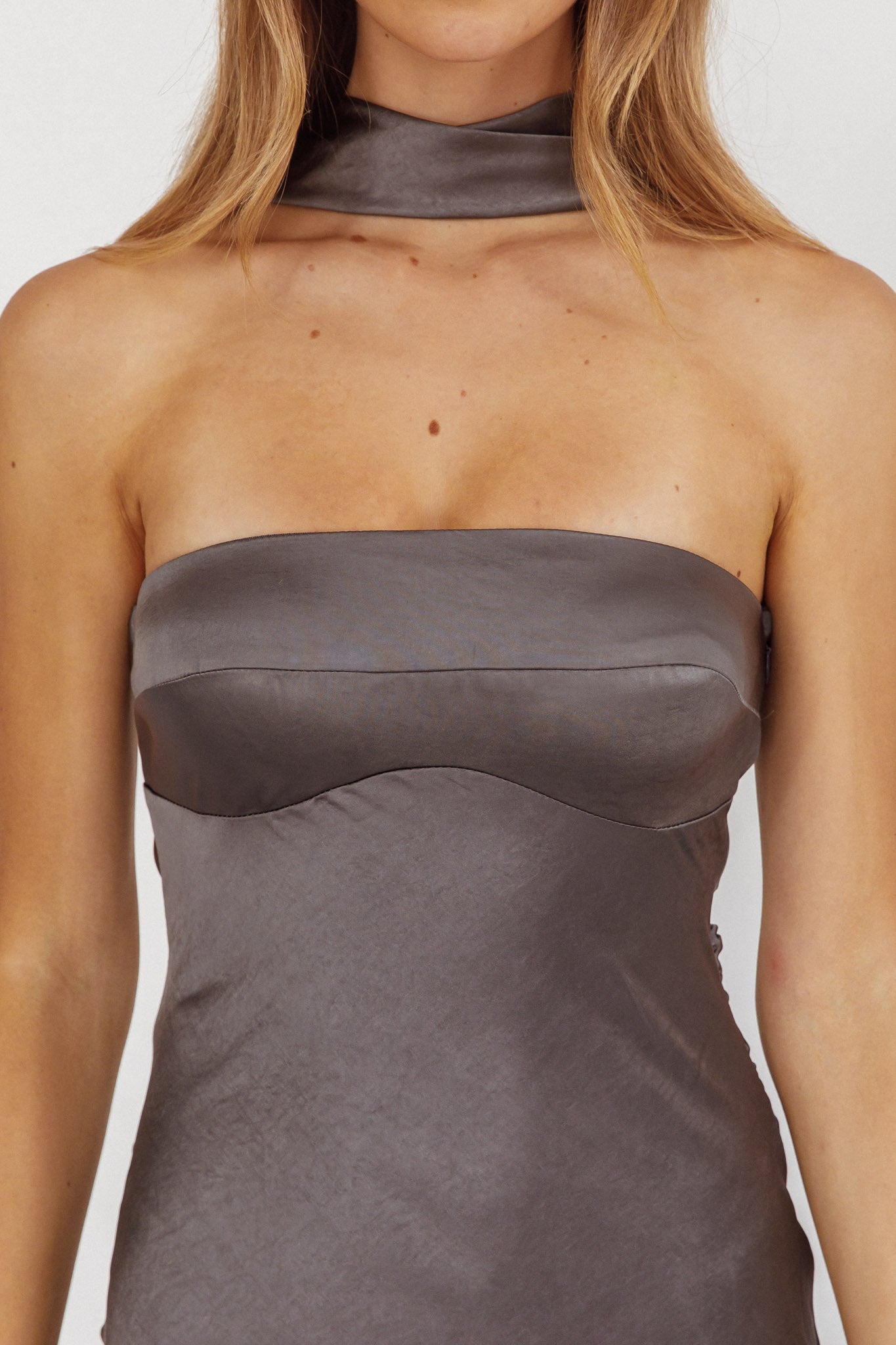 Damsel Reverse Halter Maxi Dress Satin Charcoal-Maymioy