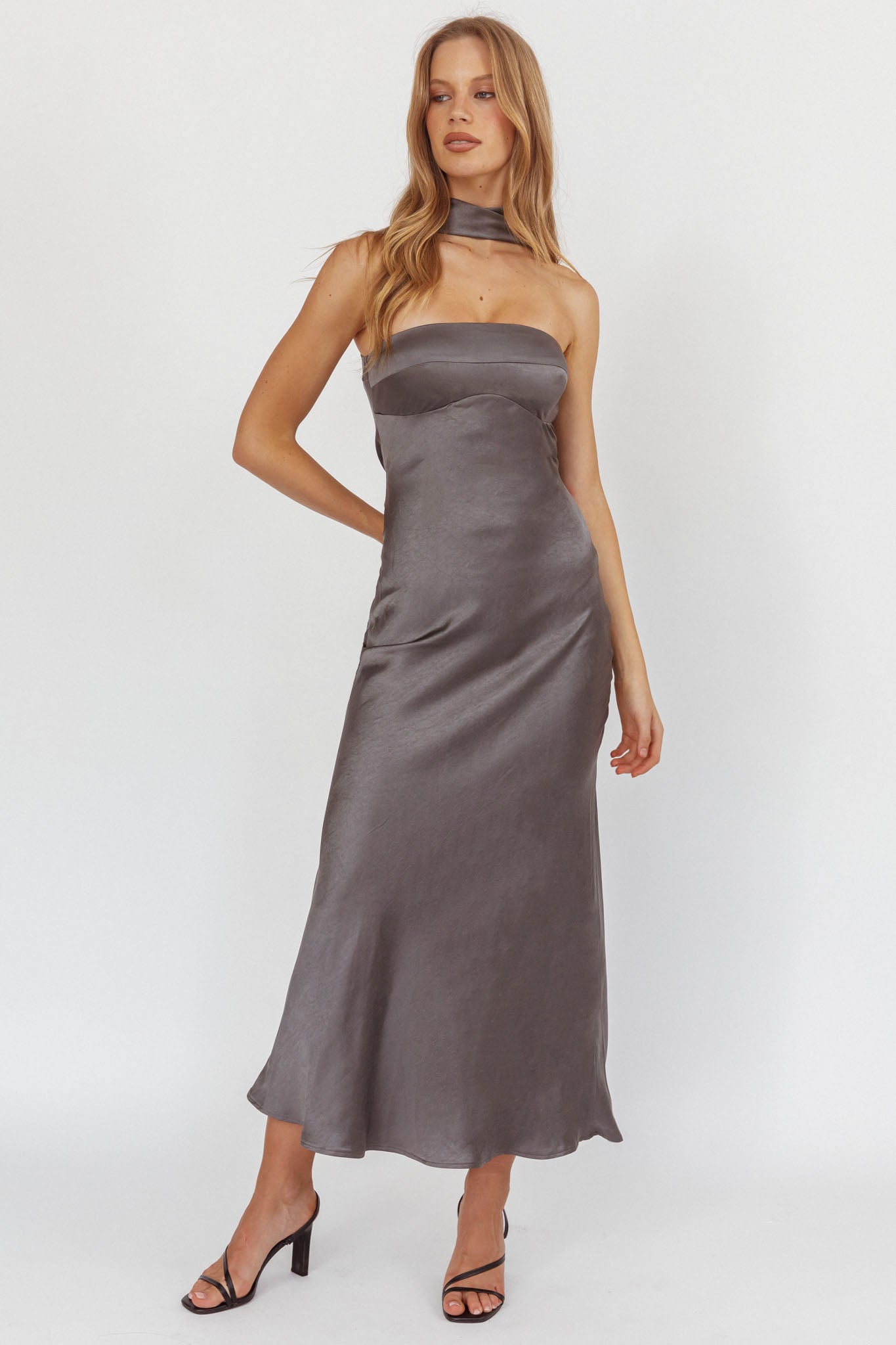 Damsel Reverse Halter Maxi Dress Satin Charcoal-Maymioy