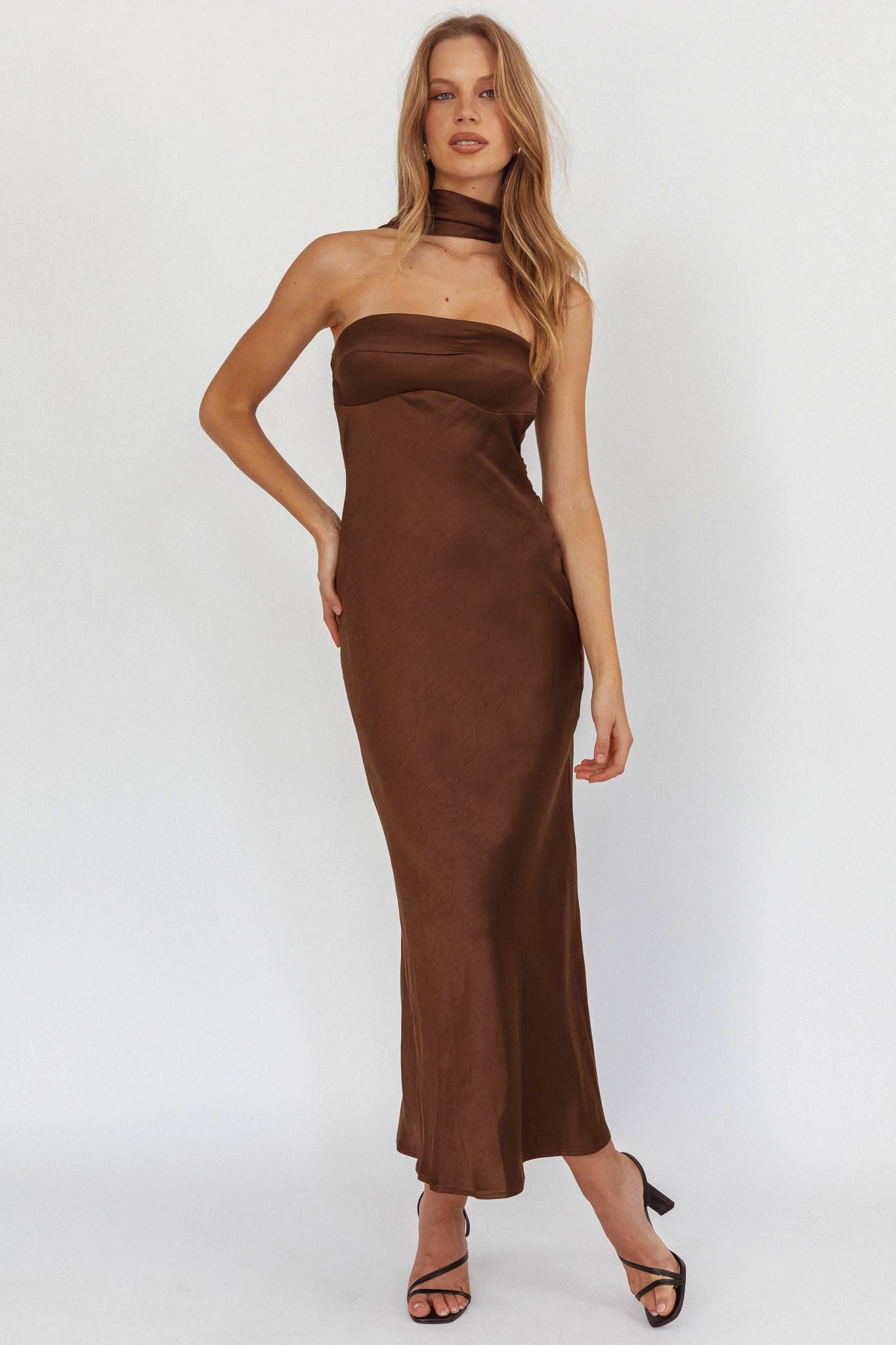 Damsel Reverse Halter Maxi Dress Satin Chocolate-Maymioy