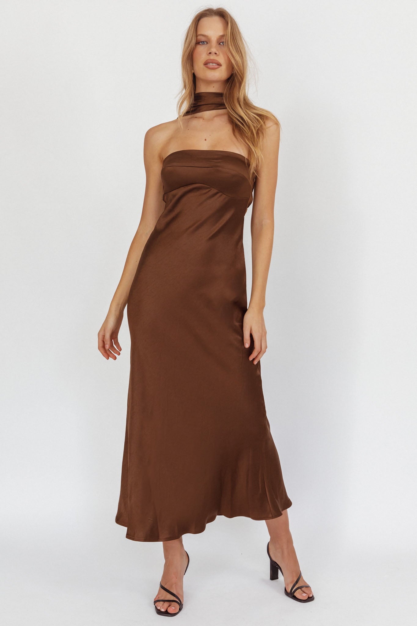Damsel Reverse Halter Maxi Dress Satin Chocolate-Maymioy