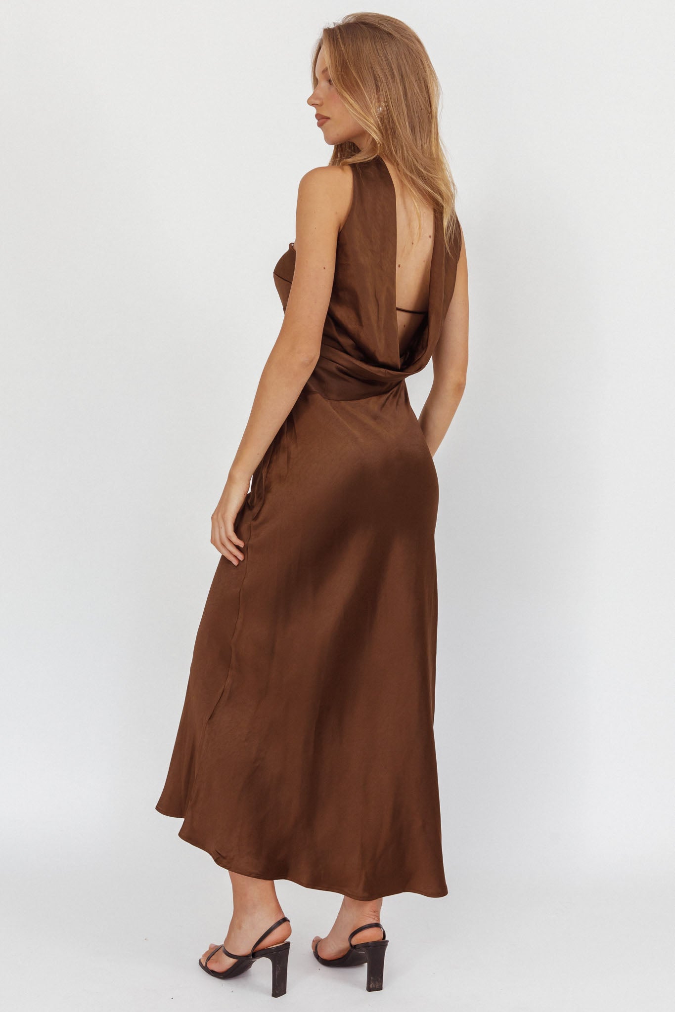 Damsel Reverse Halter Maxi Dress Satin Chocolate-Maymioy