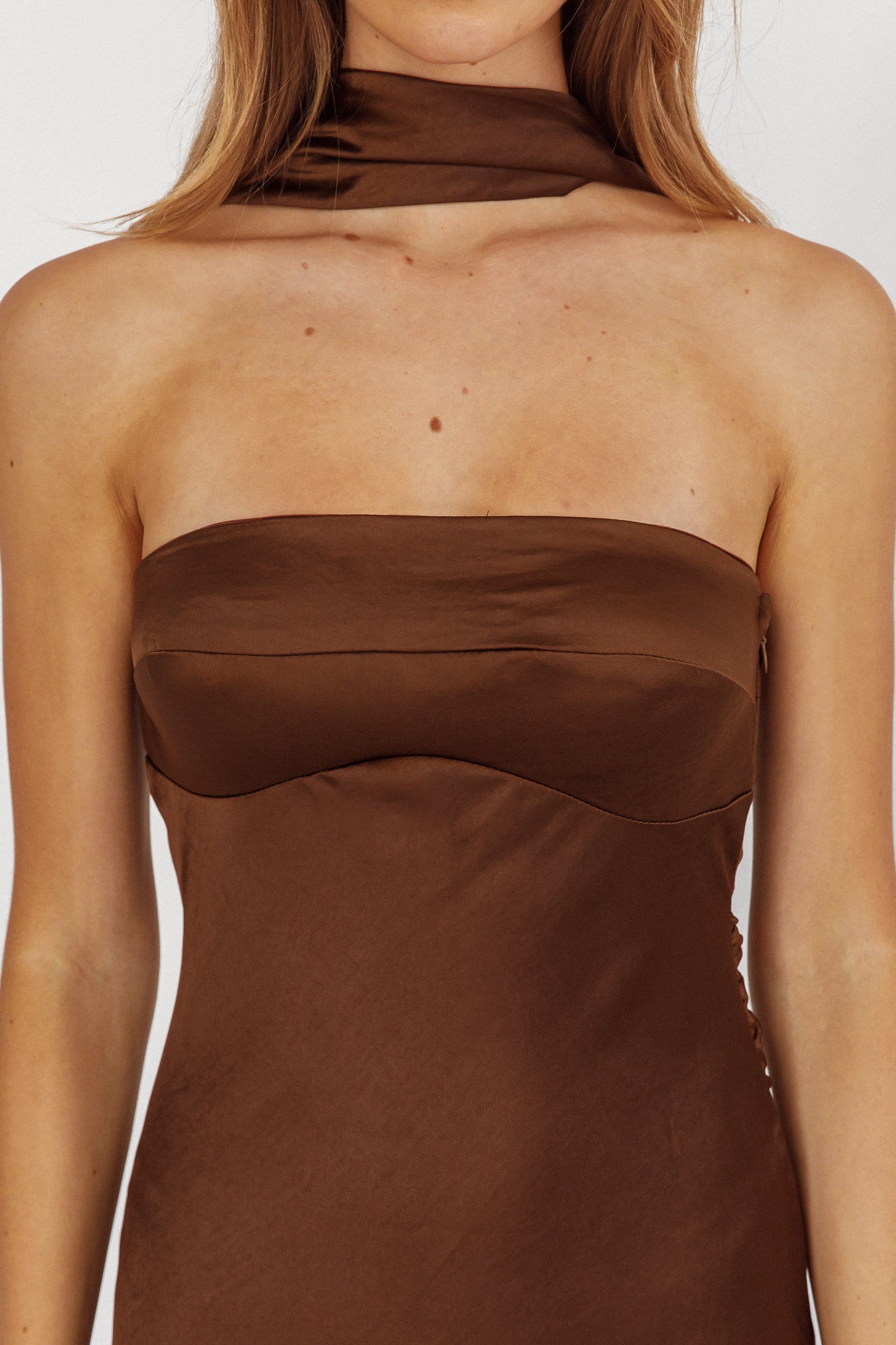 Damsel Reverse Halter Maxi Dress Satin Chocolate-Maymioy