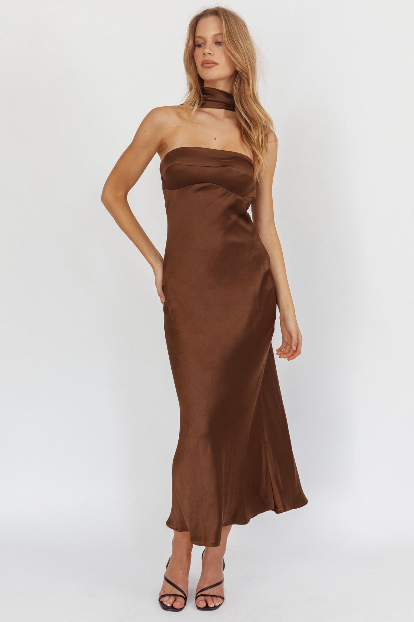 Damsel Reverse Halter Maxi Dress Satin Chocolate-Maymioy