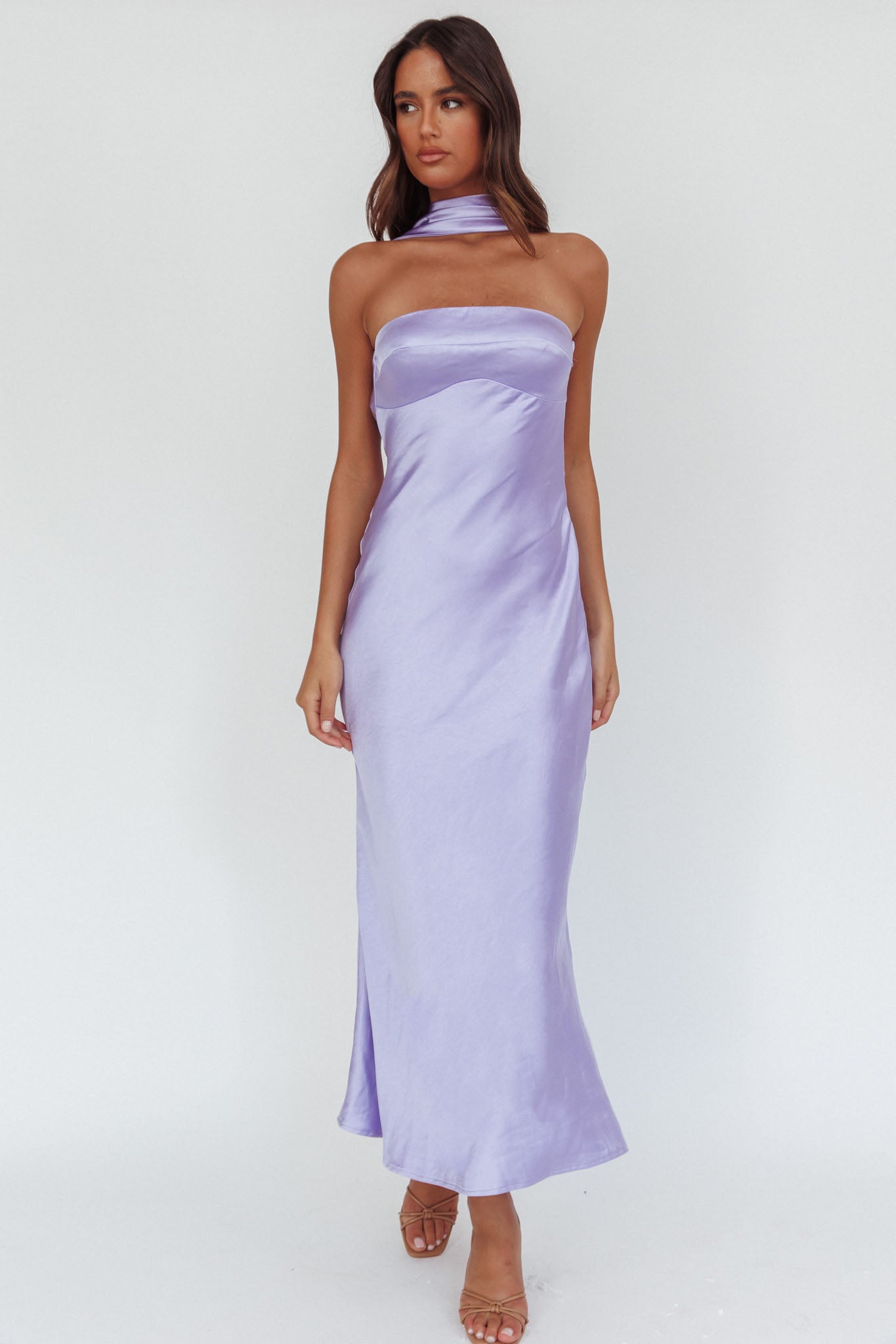 Damsel Reverse Halter Maxi Dress Satin Lilac-Maymioy
