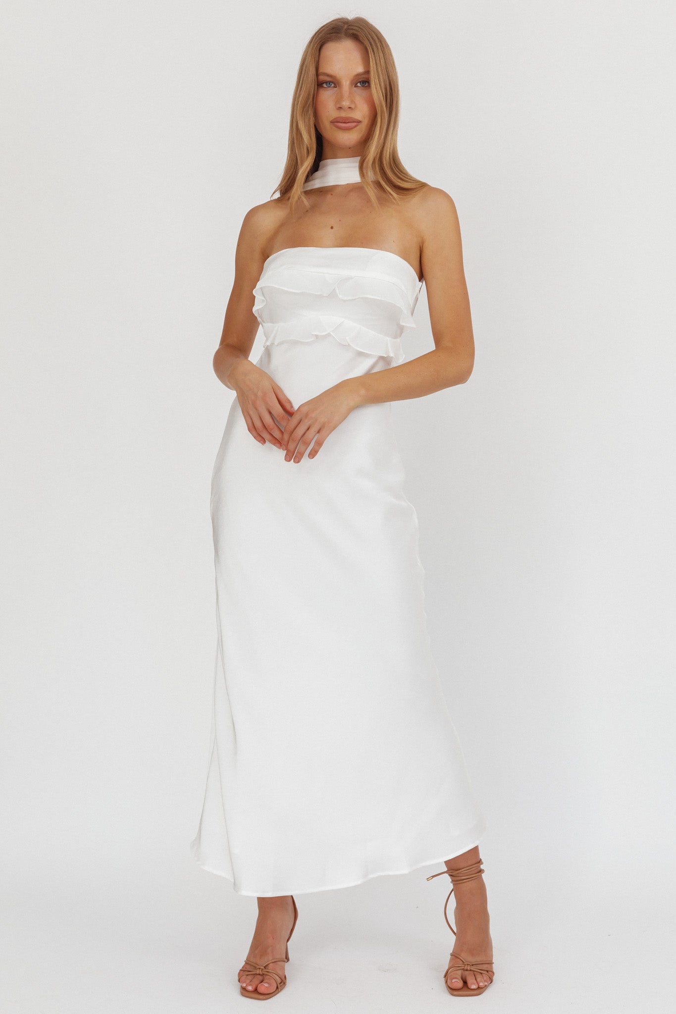 Damsel Reverse Halter Frill Trim Maxi Dress White-Maymioy