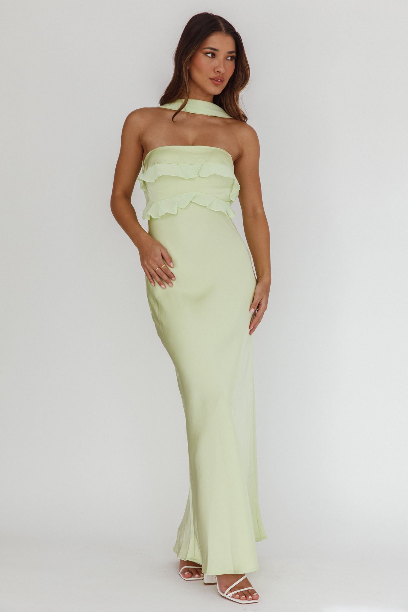 Damsel Reverse Halter Frill Trim Maxi Dress Sage-Maymioy