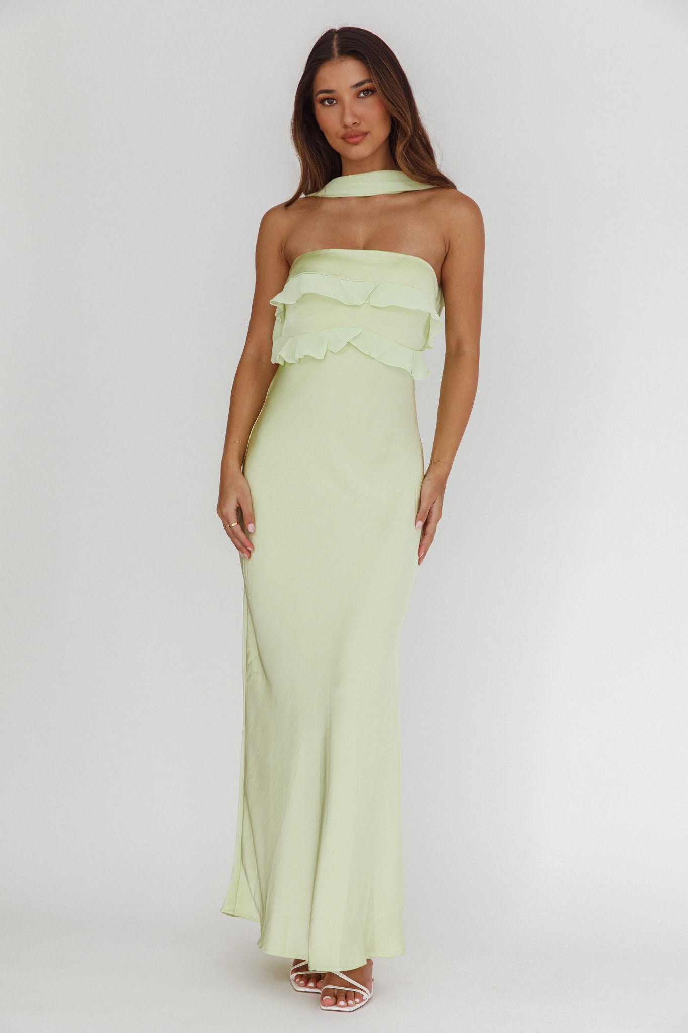 Damsel Reverse Halter Frill Trim Maxi Dress Sage-Maymioy