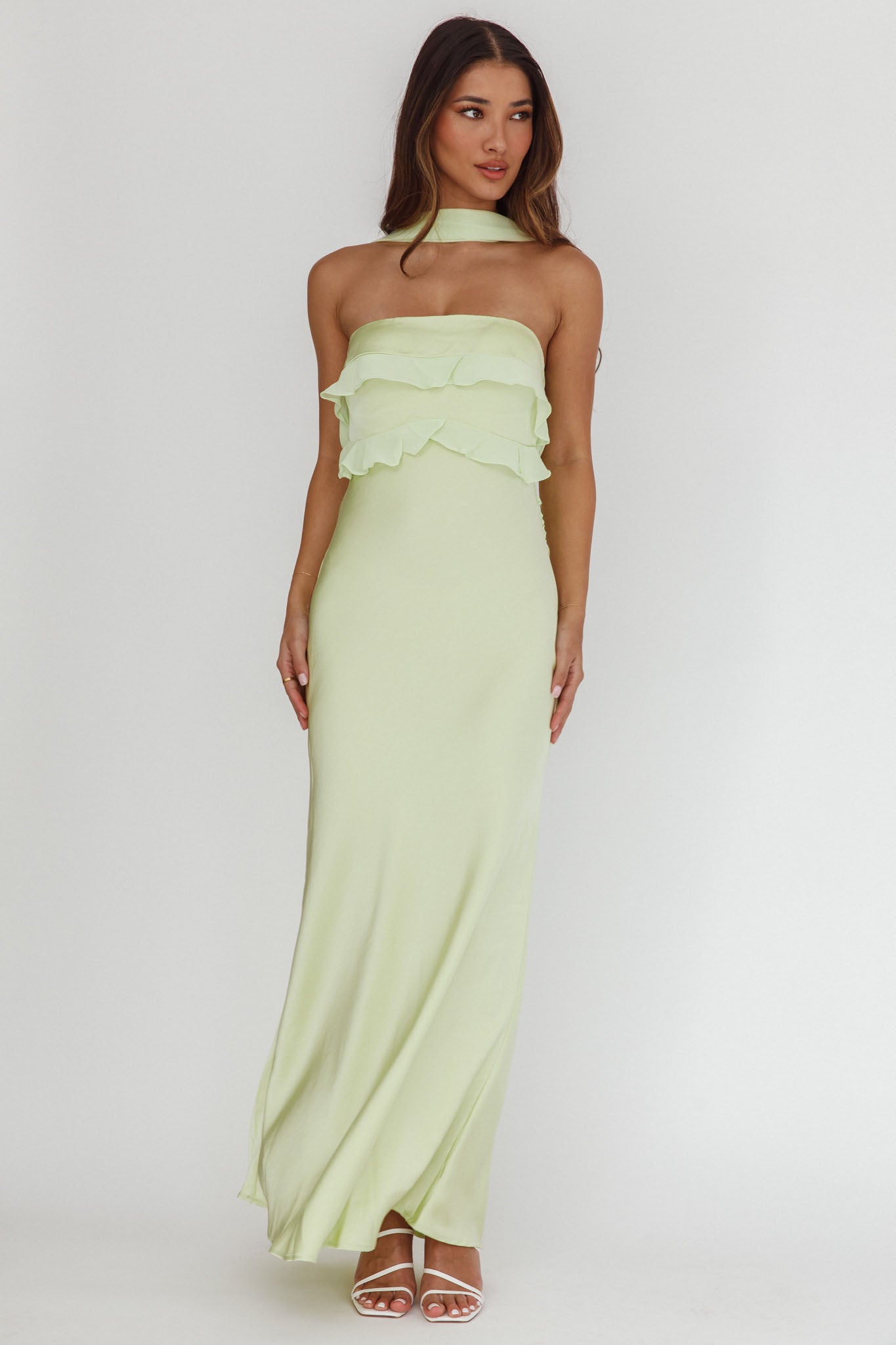 Damsel Reverse Halter Frill Trim Maxi Dress Sage-Maymioy