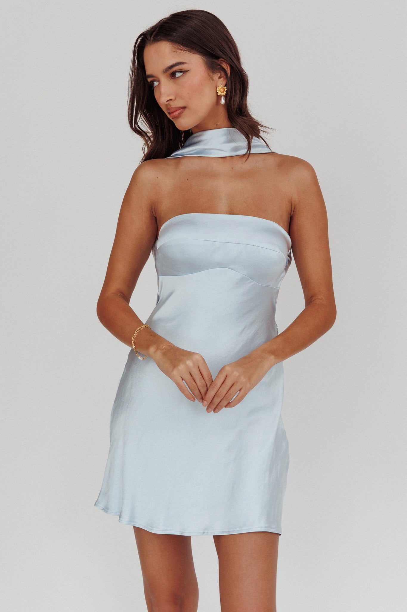 Damsel Reverse Halter Mini Dress Blue-Maymioy