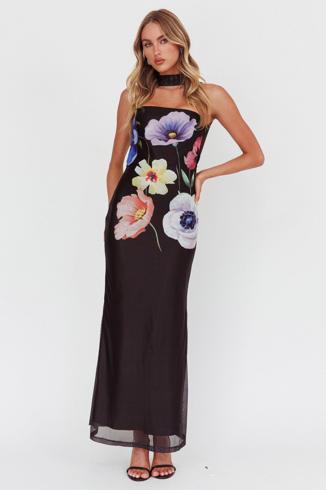 Damsel Reverse Halter Mesh Maxi Dress Flower Black-Maymioy
