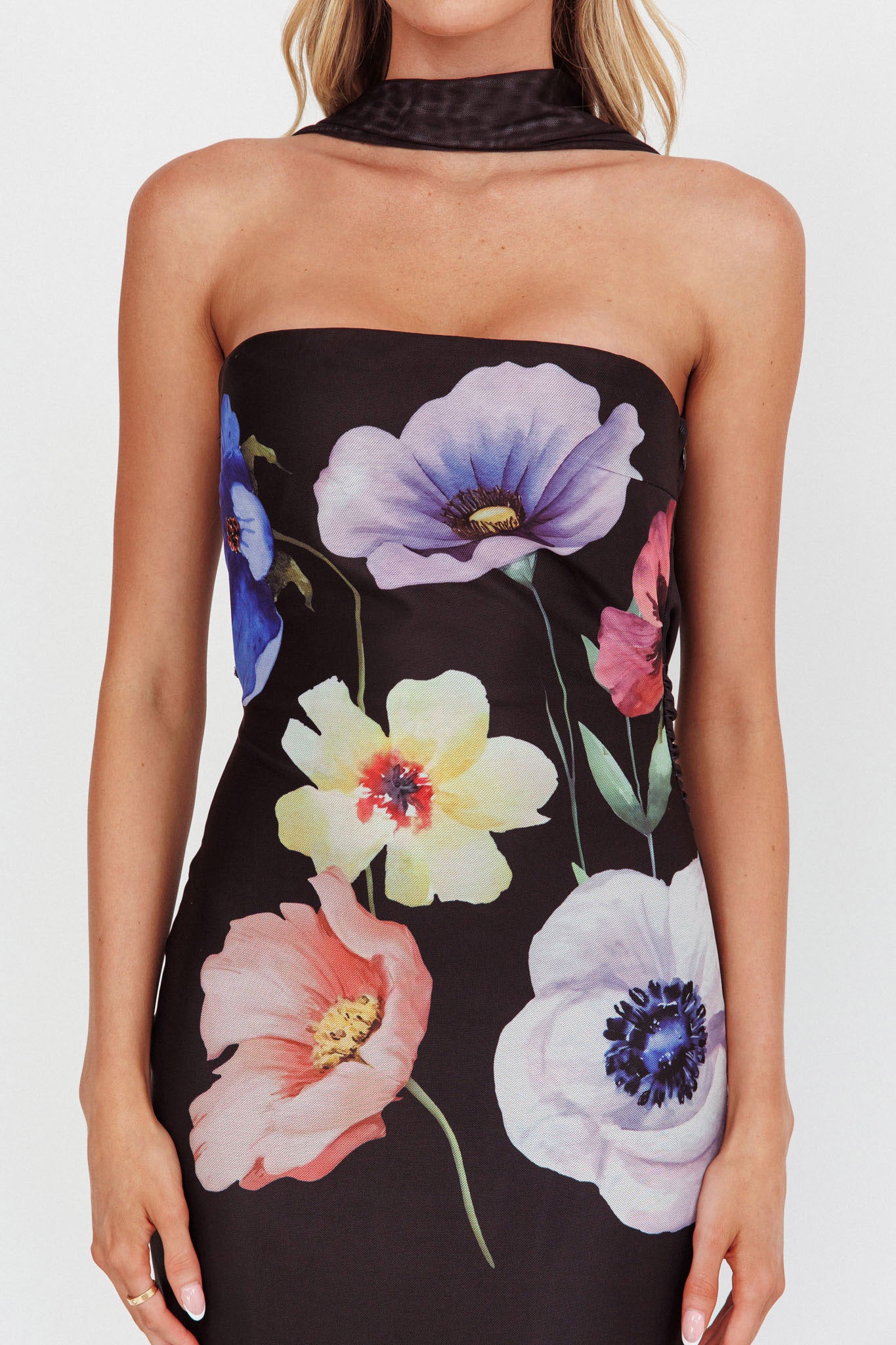 Damsel Reverse Halter Mesh Maxi Dress Flower Black-Maymioy