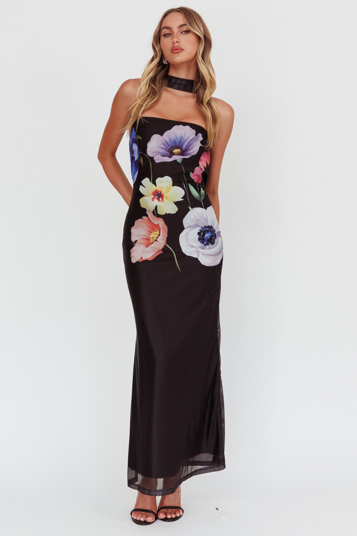 Damsel Reverse Halter Mesh Maxi Dress Flower Black-Maymioy