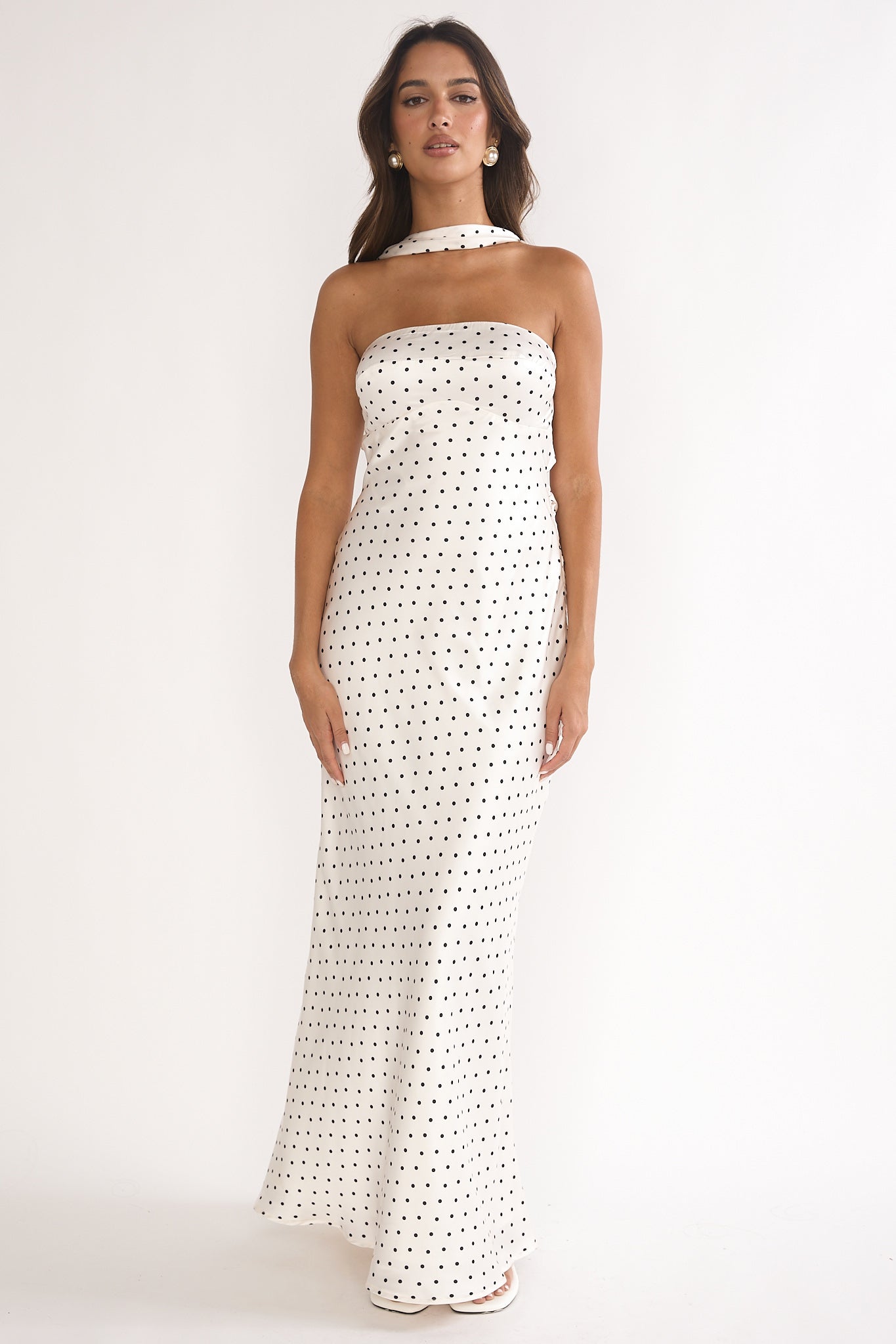Damsel Reverse Halter Maxi Dress Polka Dot White-Maymioy