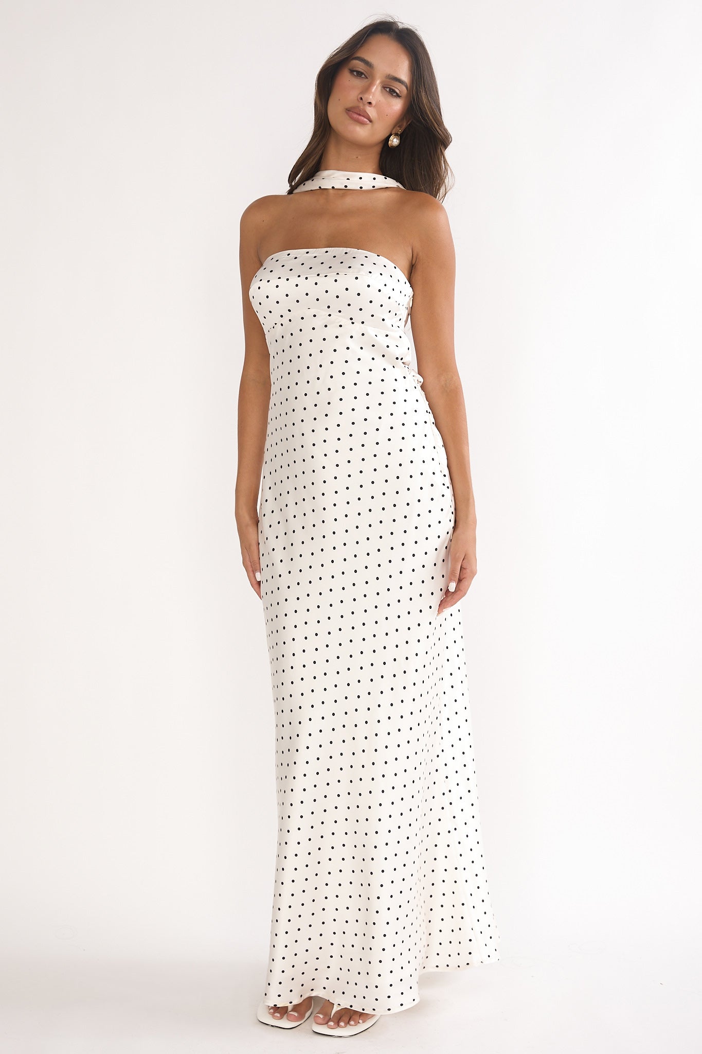 Damsel Reverse Halter Maxi Dress Polka Dot White-Maymioy
