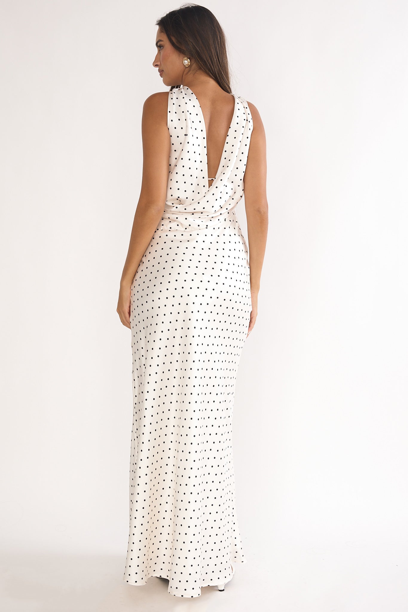 Damsel Reverse Halter Maxi Dress Polka Dot White-Maymioy