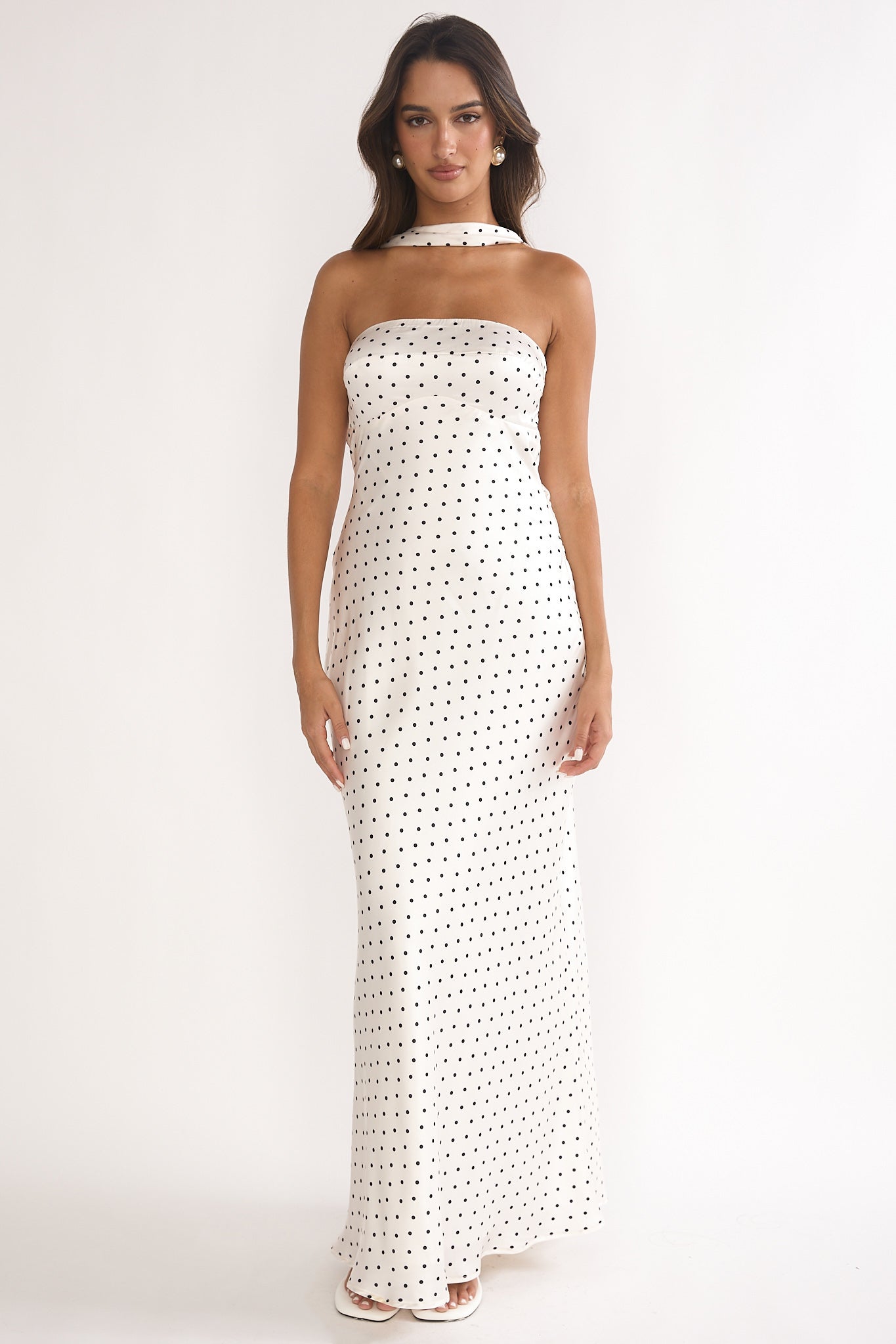 Damsel Reverse Halter Maxi Dress Polka Dot White-Maymioy