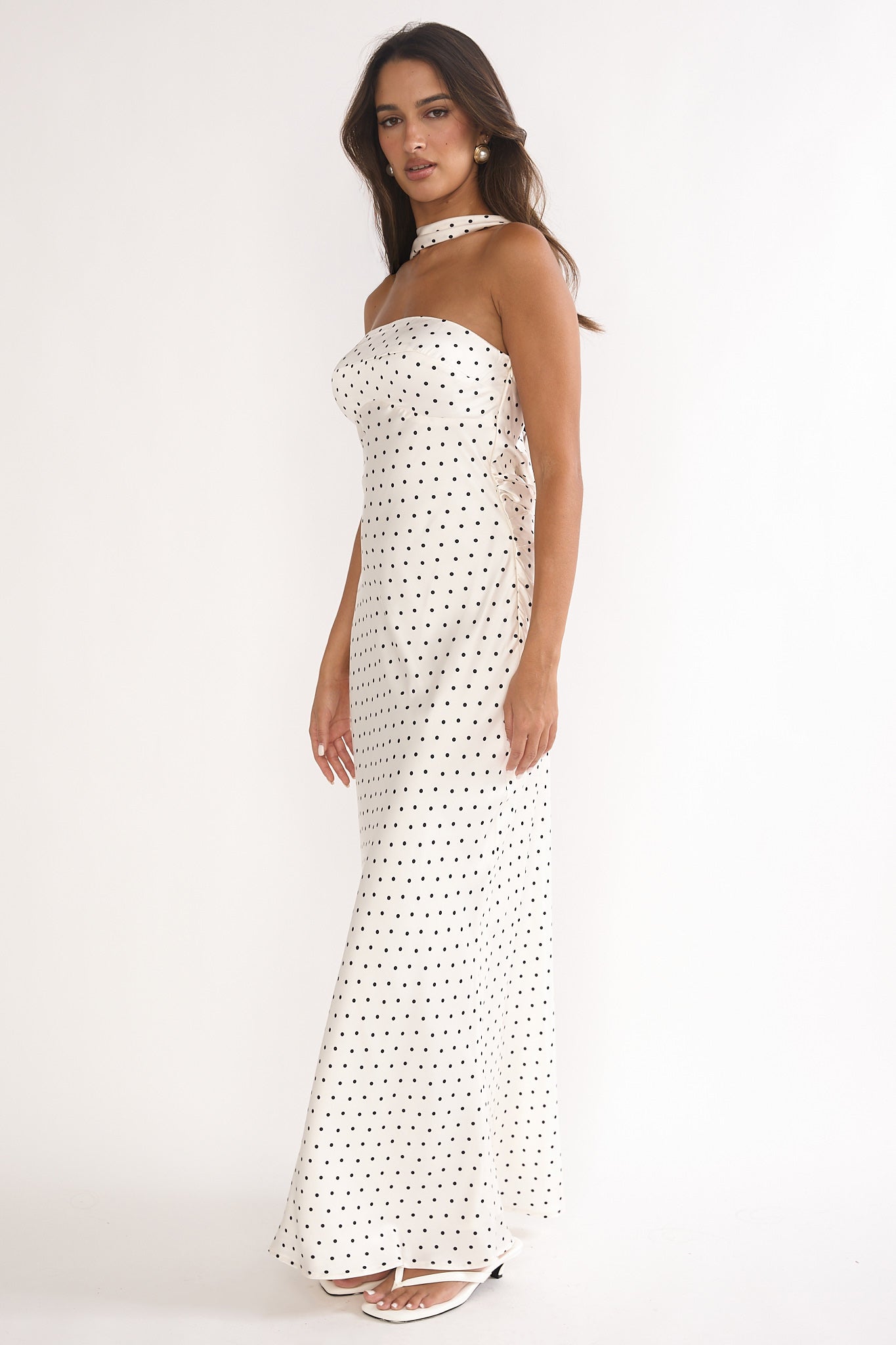 Damsel Reverse Halter Maxi Dress Polka Dot White-Maymioy