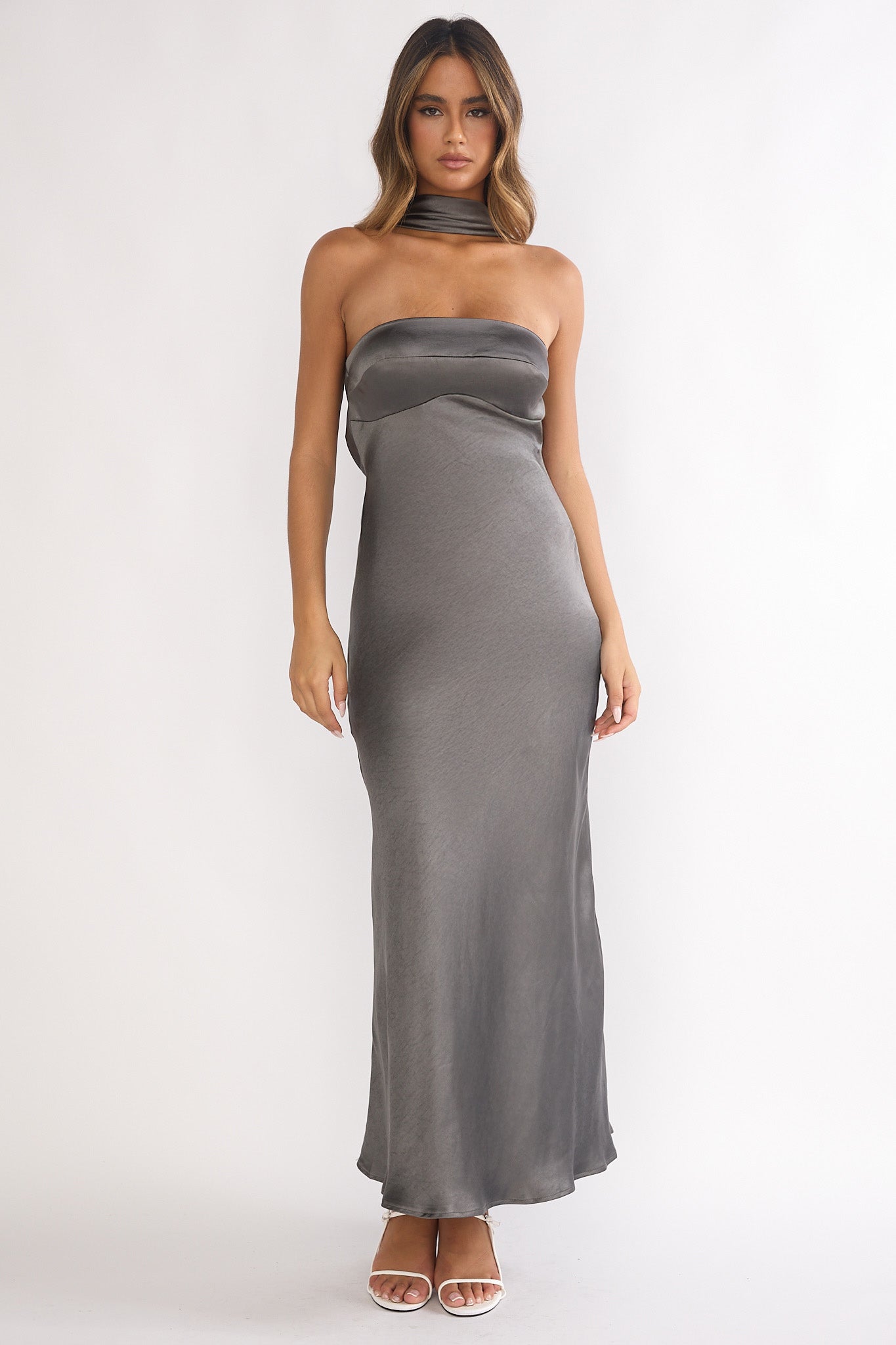 Damsel Reverse Halter Maxi Dress Satin Charcoal-Maymioy