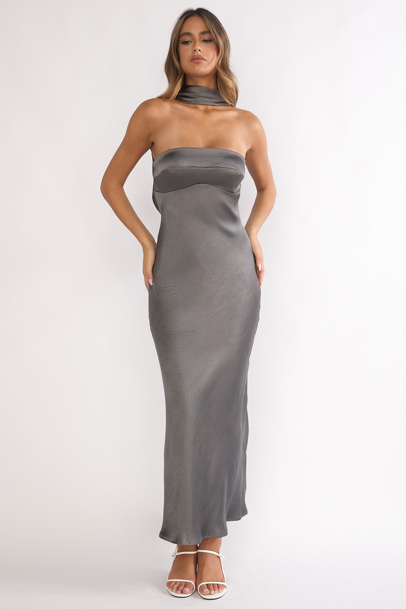 Damsel Reverse Halter Maxi Dress Satin Charcoal-Maymioy