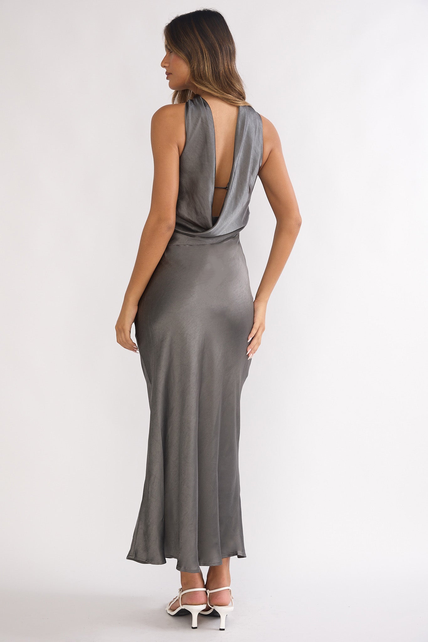 Damsel Reverse Halter Maxi Dress Satin Charcoal-Maymioy