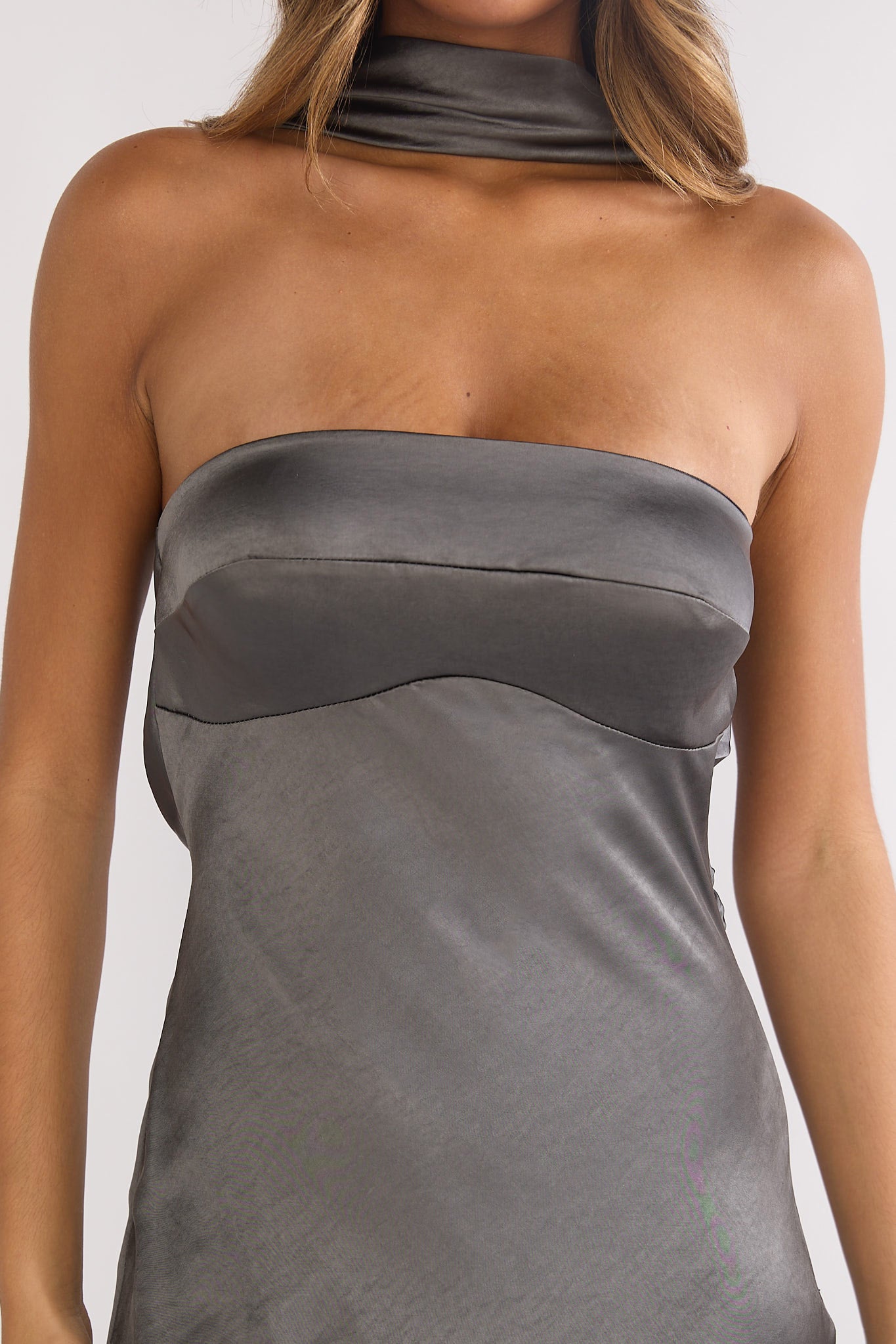 Damsel Reverse Halter Maxi Dress Satin Charcoal-Maymioy