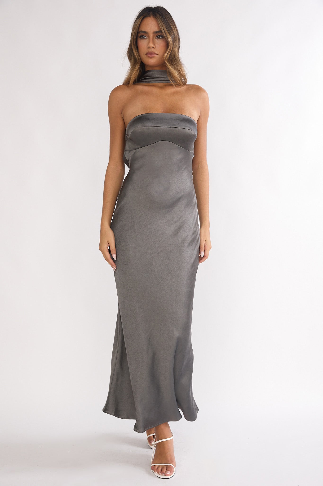 Damsel Reverse Halter Maxi Dress Satin Charcoal-Maymioy
