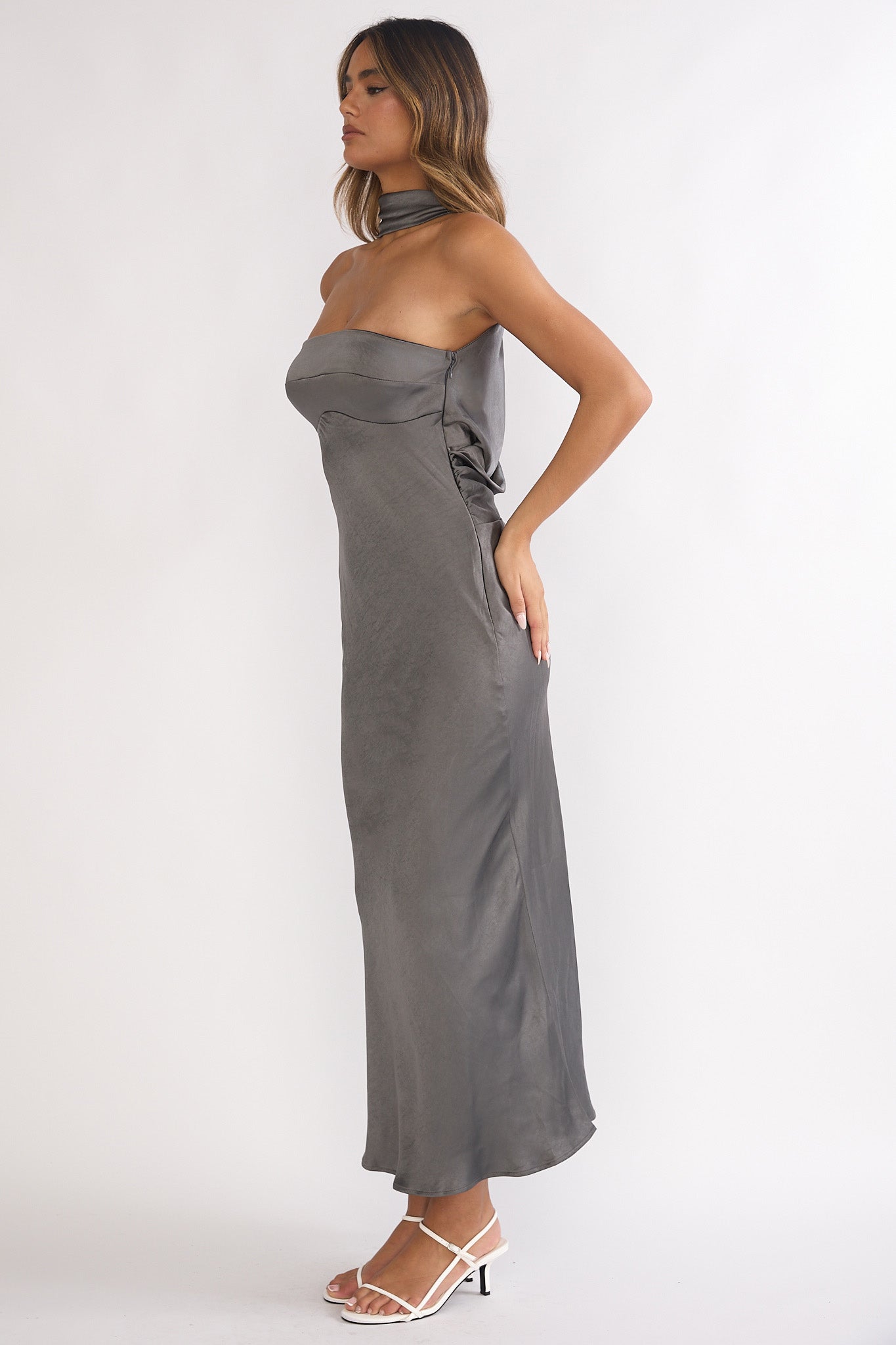 Damsel Reverse Halter Maxi Dress Satin Charcoal-Maymioy