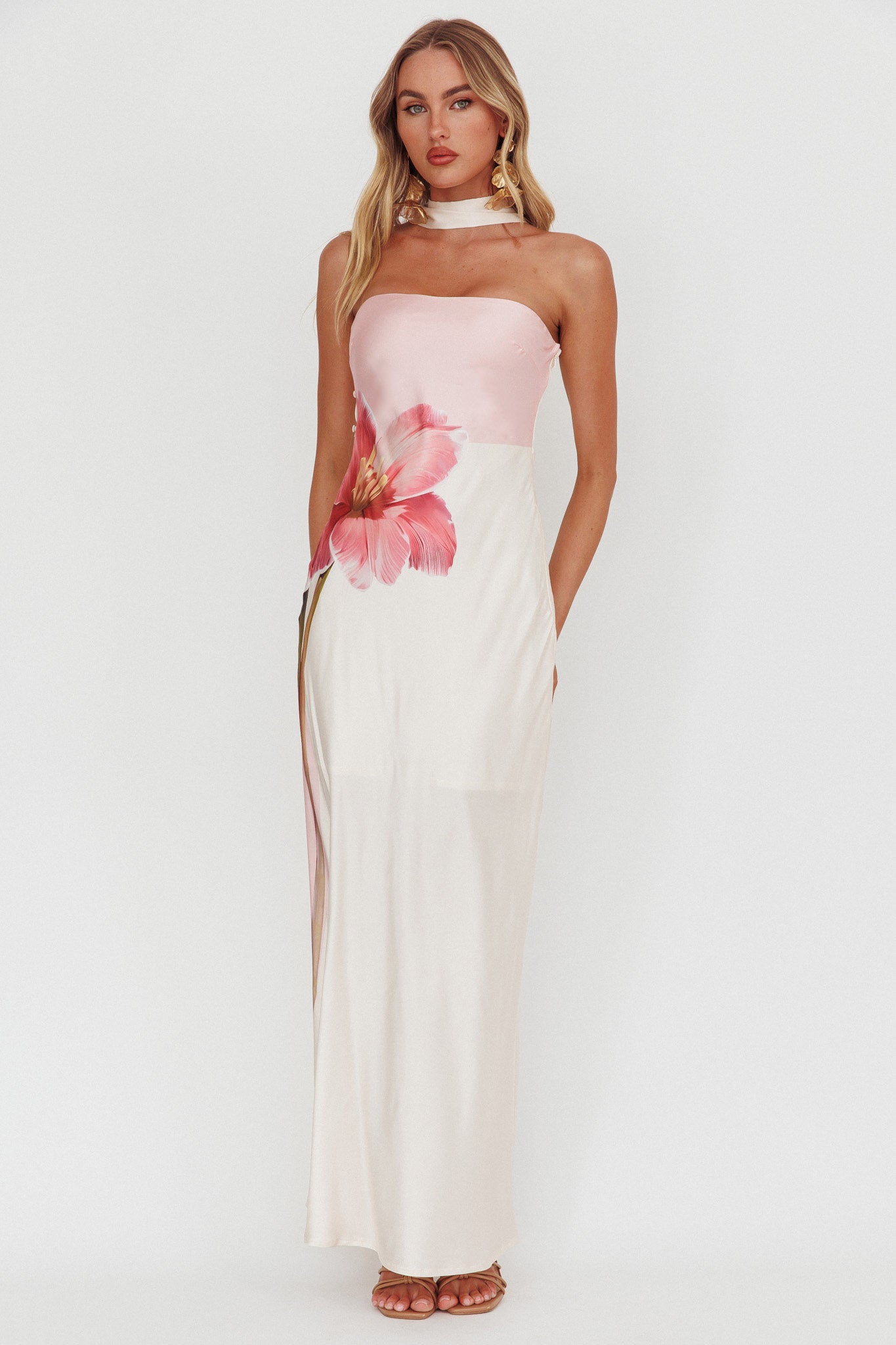 Damsel Reverse Halter Maxi Dress Flower Pink-Maymioy