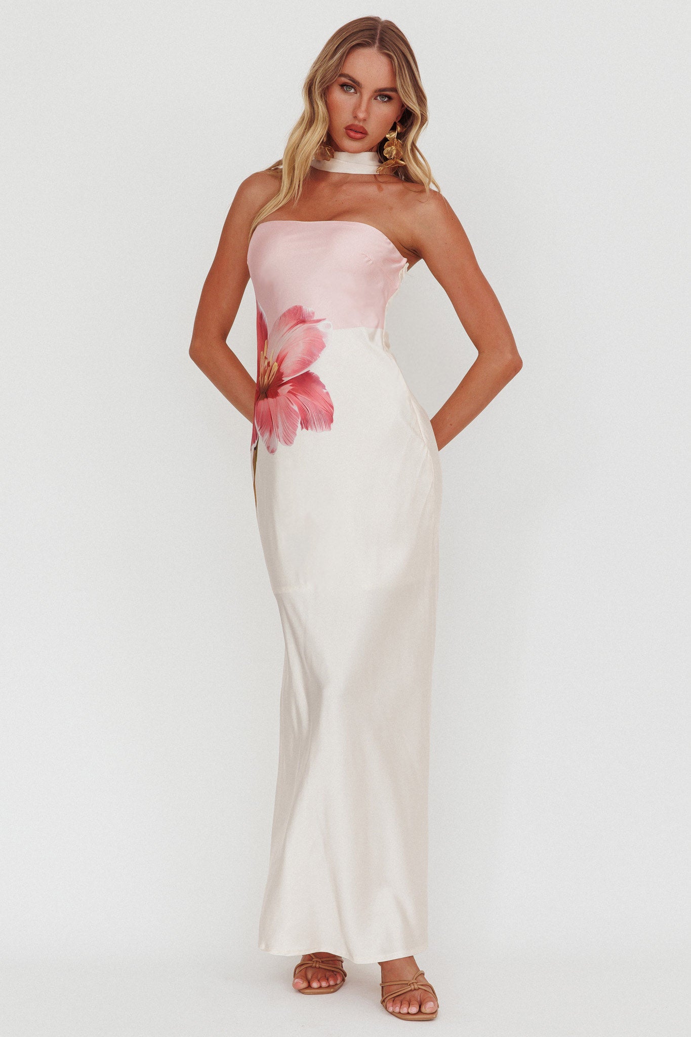 Damsel Reverse Halter Maxi Dress Flower Pink-Maymioy