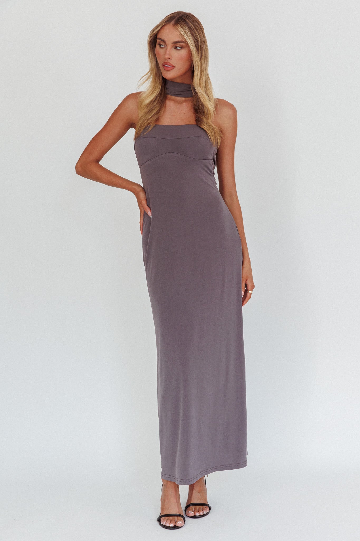 Damsel Reverse Halter Maxi Dress Charcoal-Maymioy