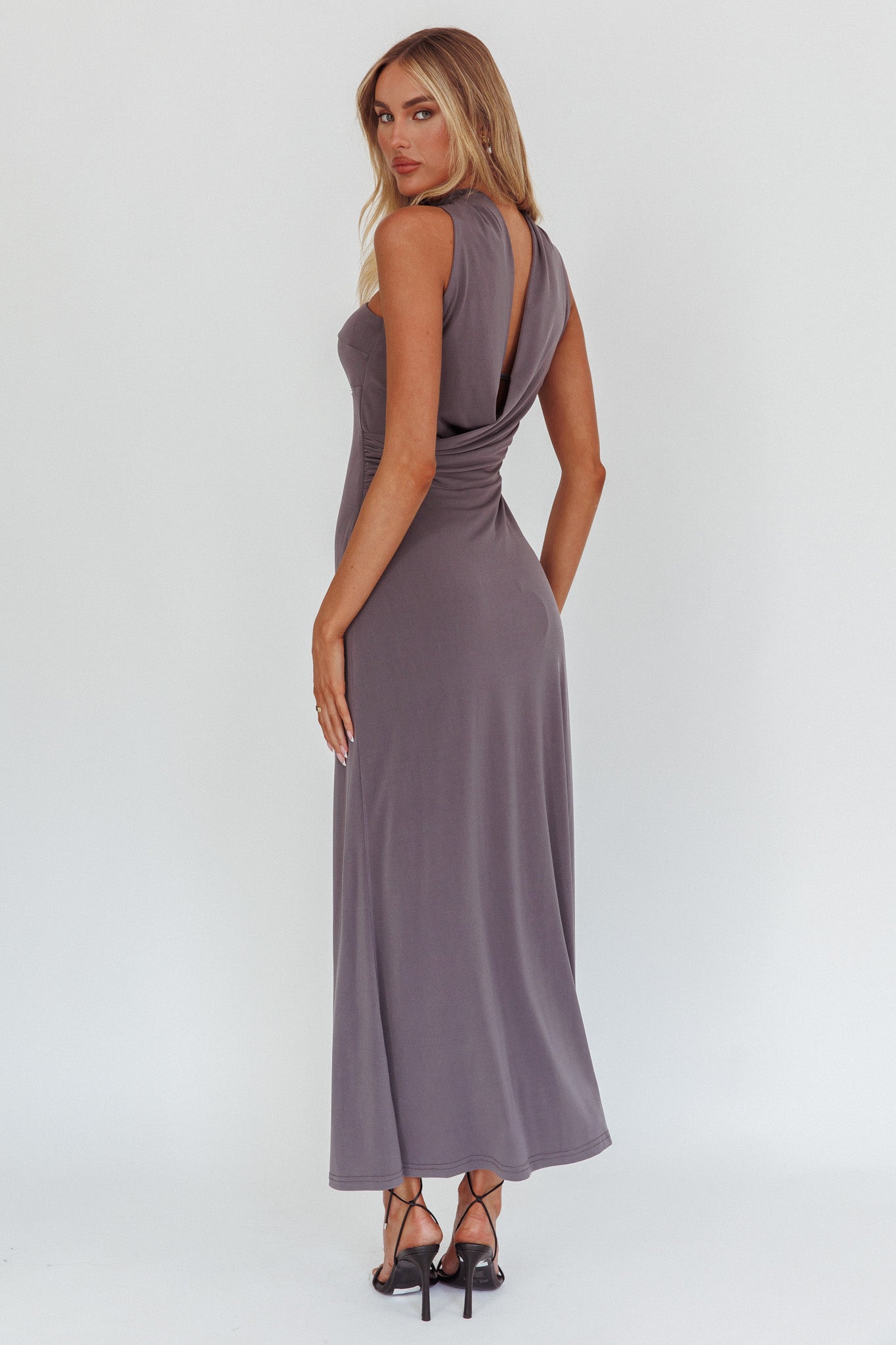 Damsel Reverse Halter Maxi Dress Charcoal-Maymioy