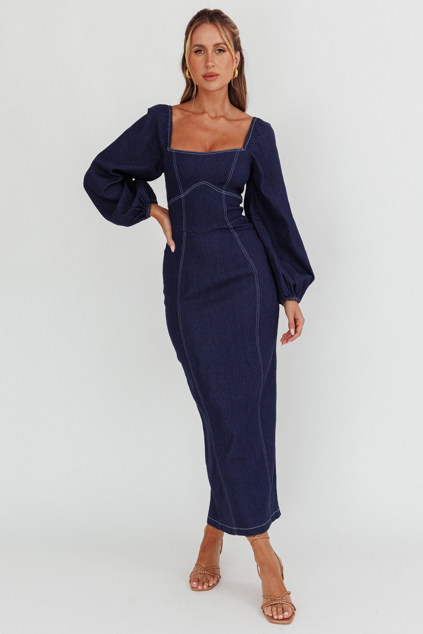 Bay Side Long Sleeve Denim Midi Dress Indigo-Maymioy