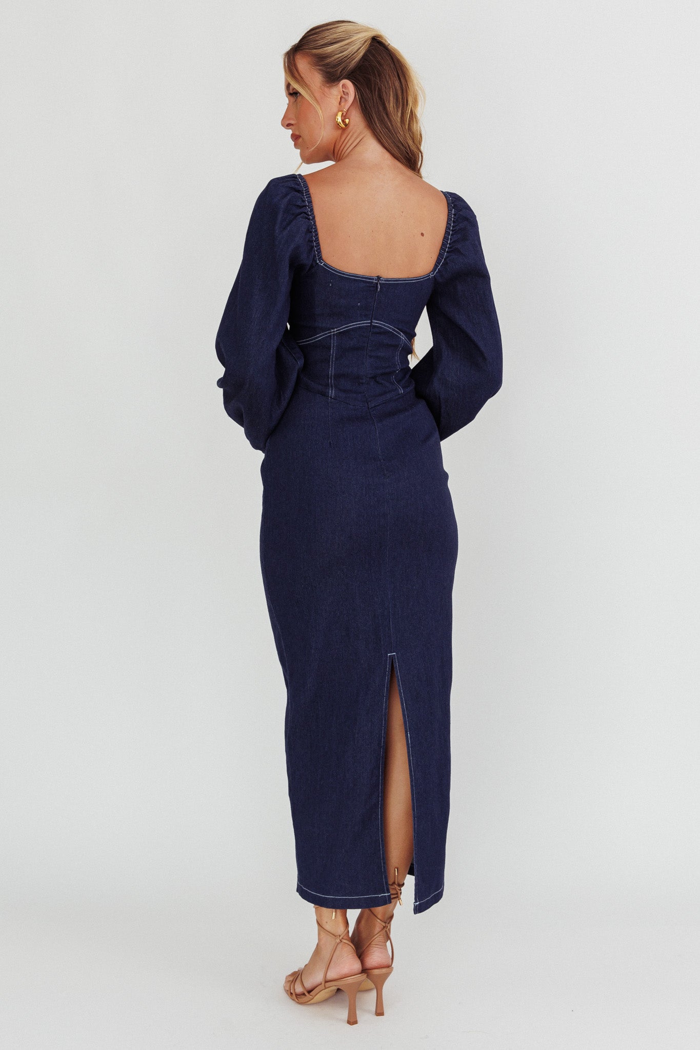 Bay Side Long Sleeve Denim Midi Dress Indigo-Maymioy
