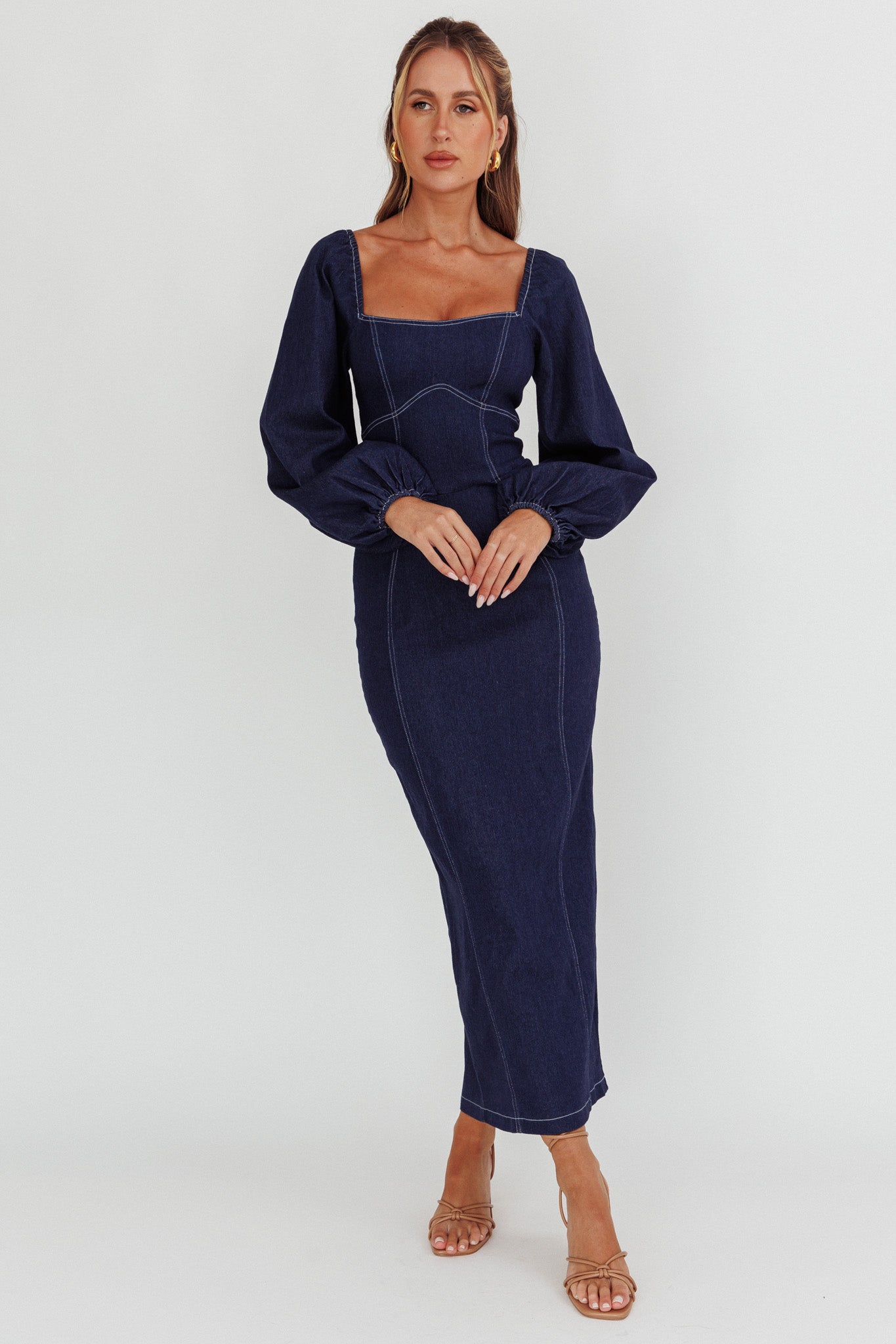 Bay Side Long Sleeve Denim Midi Dress Indigo-Maymioy