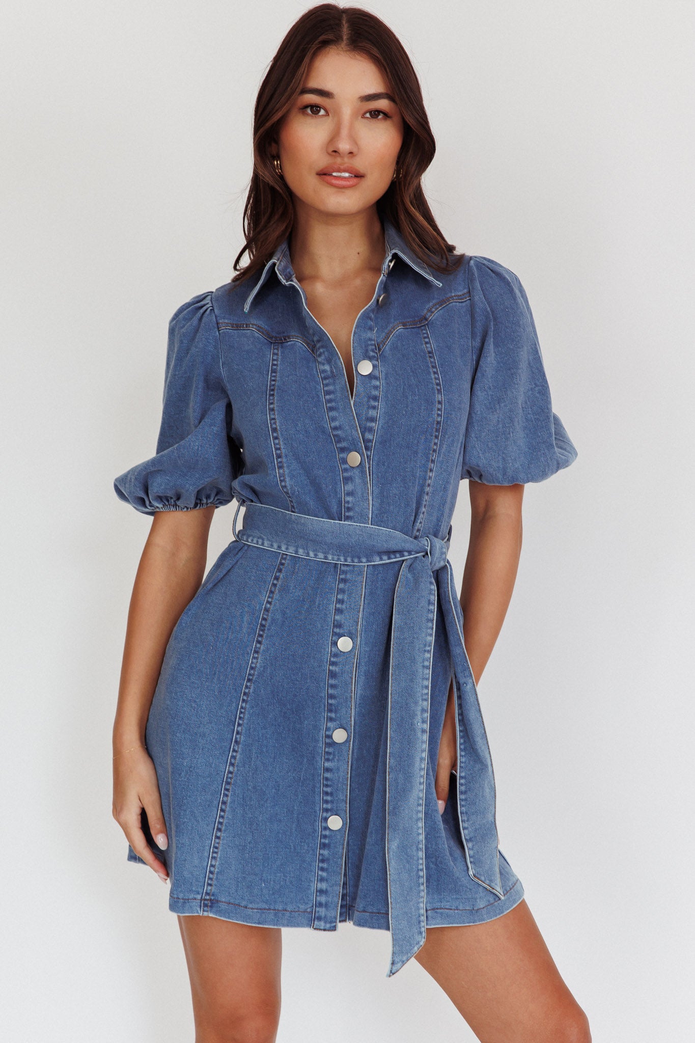 Myleigh Puff Sleeve Waist Tie Mini Dress Denim Blue-Maymioy