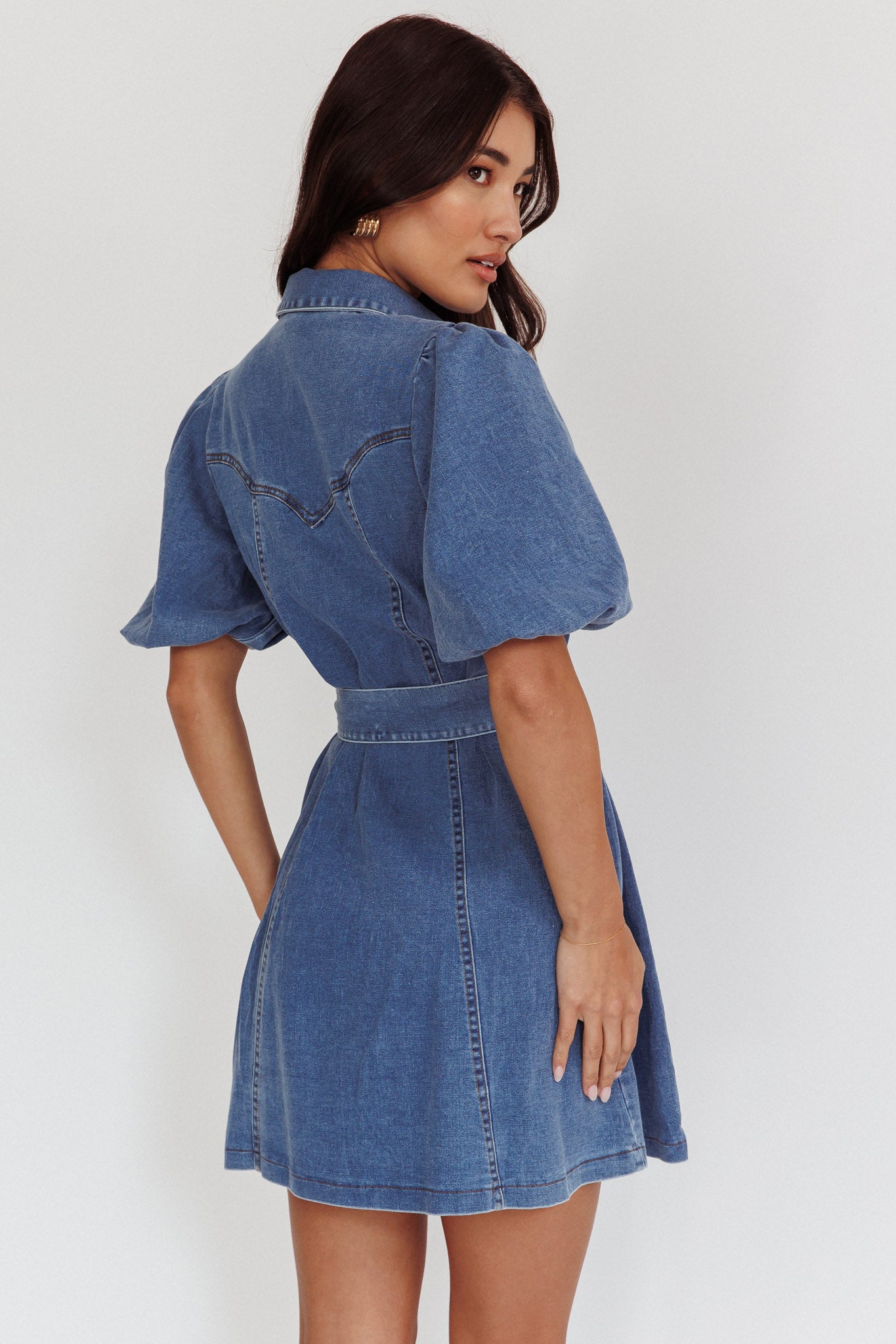 Myleigh Puff Sleeve Waist Tie Mini Dress Denim Blue-Maymioy