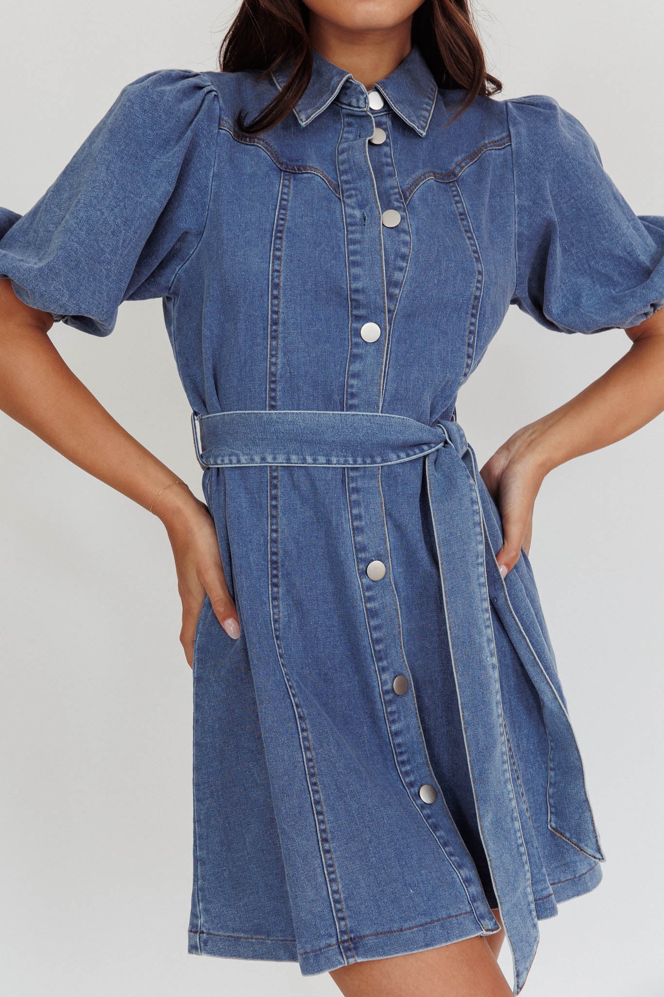 Myleigh Puff Sleeve Waist Tie Mini Dress Denim Blue-Maymioy