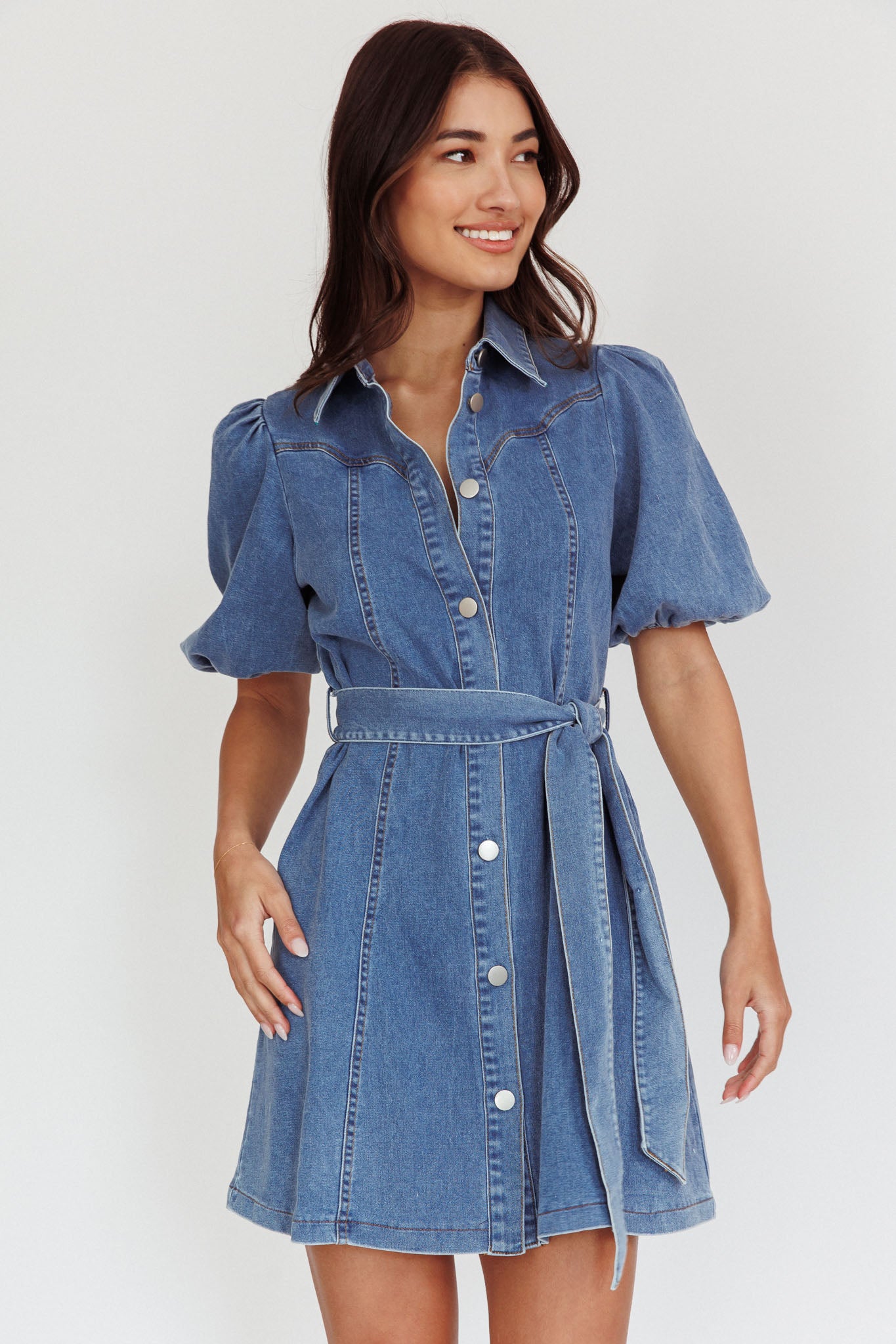 Myleigh Puff Sleeve Waist Tie Mini Dress Denim Blue-Maymioy