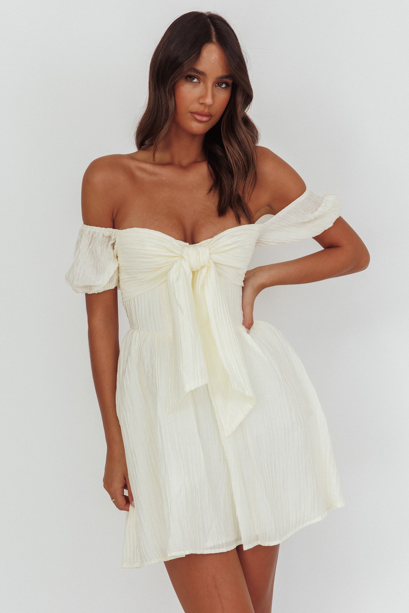 Perfect Worlds Off-Shoulder Mini Dress Textured Ivory-Maymioy