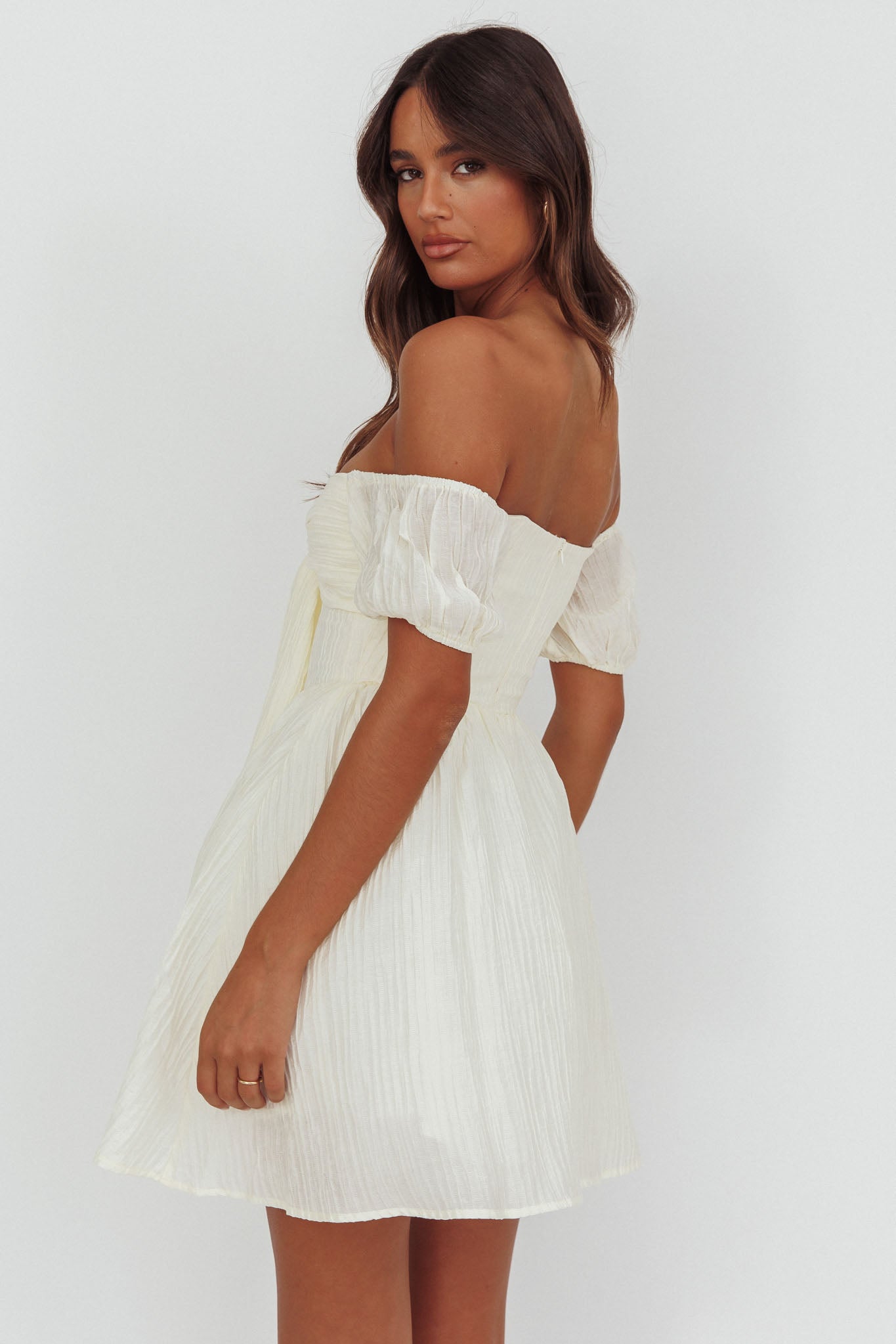 Perfect Worlds Off-Shoulder Mini Dress Textured Ivory-Maymioy