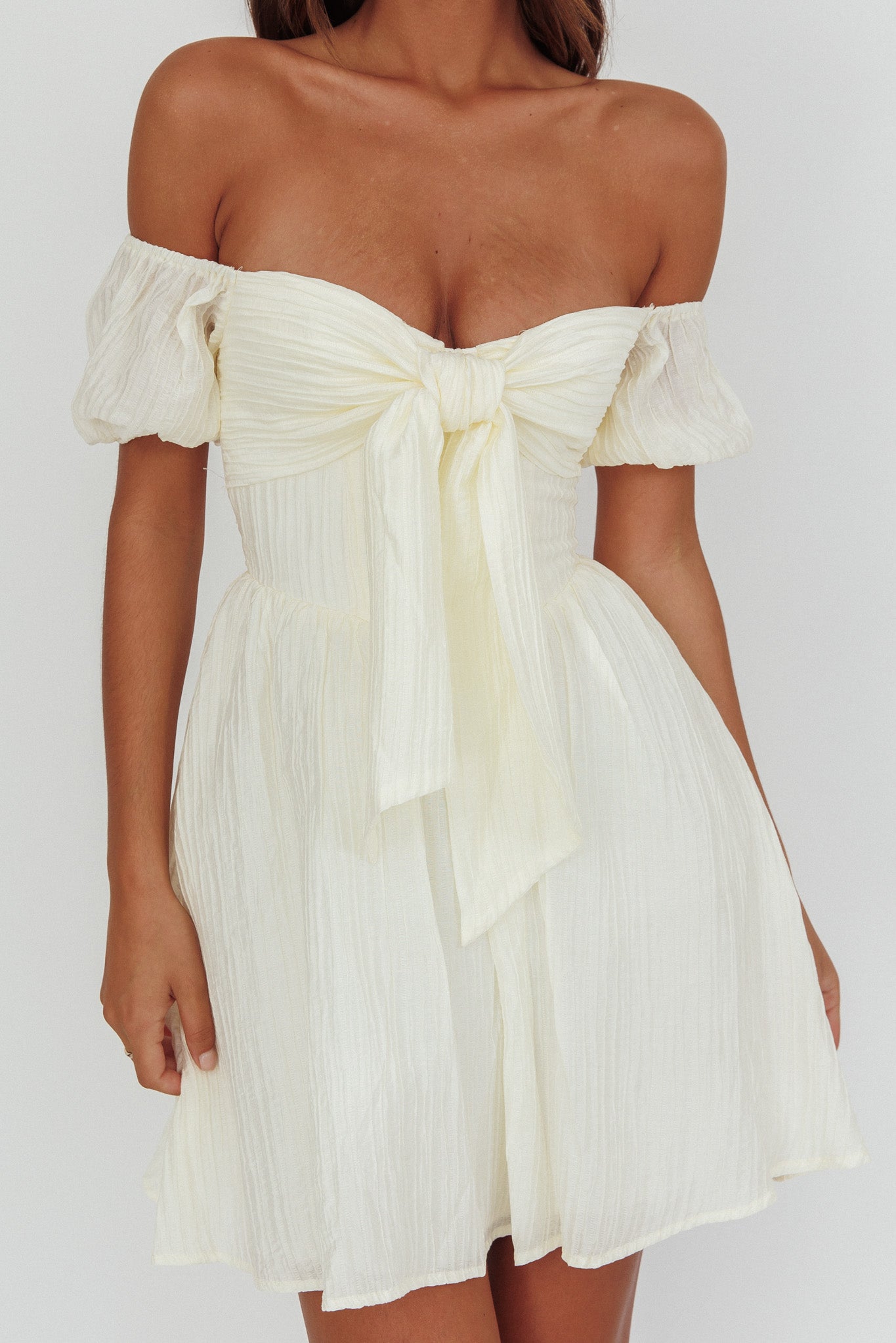 Perfect Worlds Off-Shoulder Mini Dress Textured Ivory-Maymioy