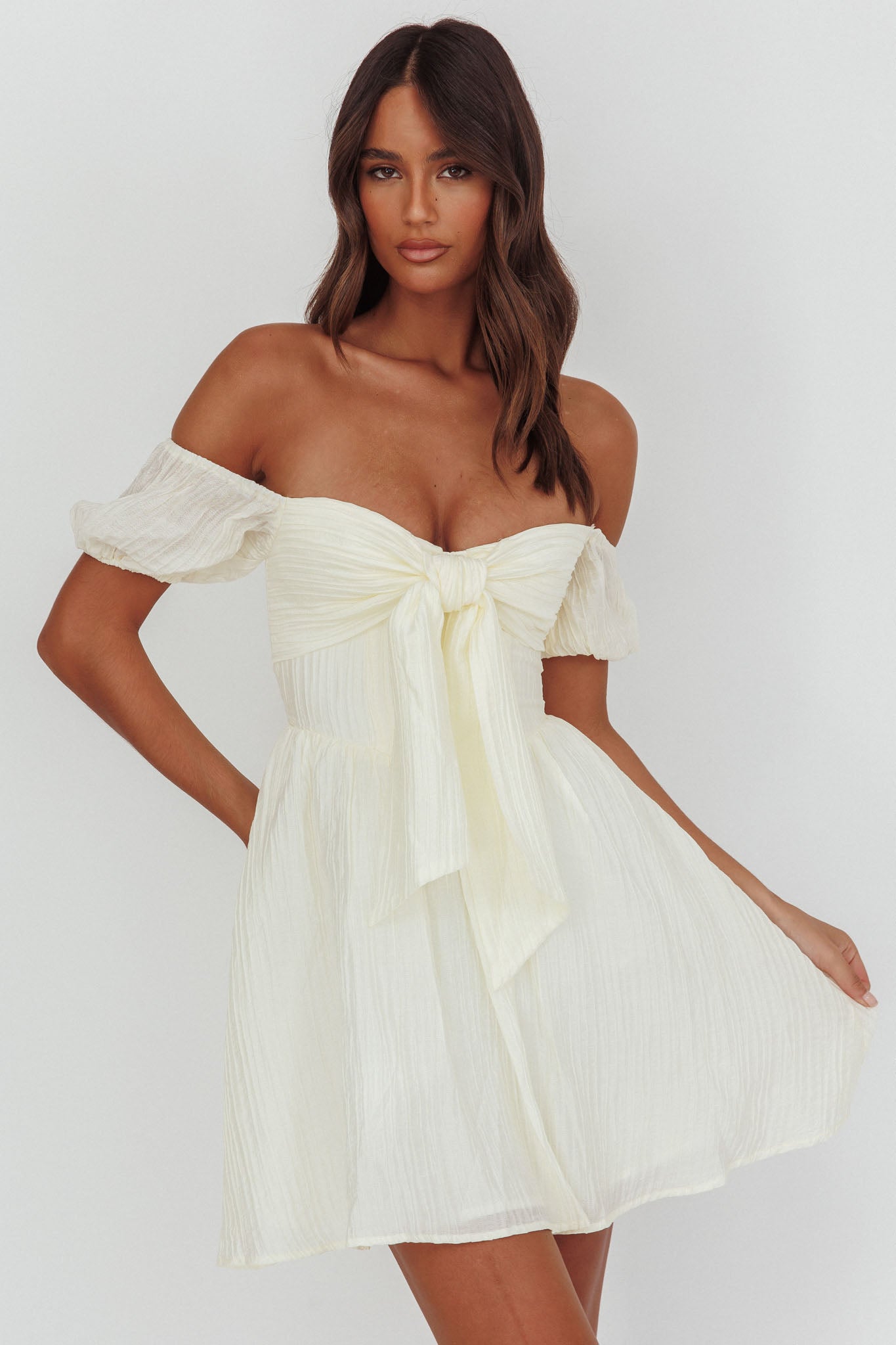 Perfect Worlds Off-Shoulder Mini Dress Textured Ivory-Maymioy