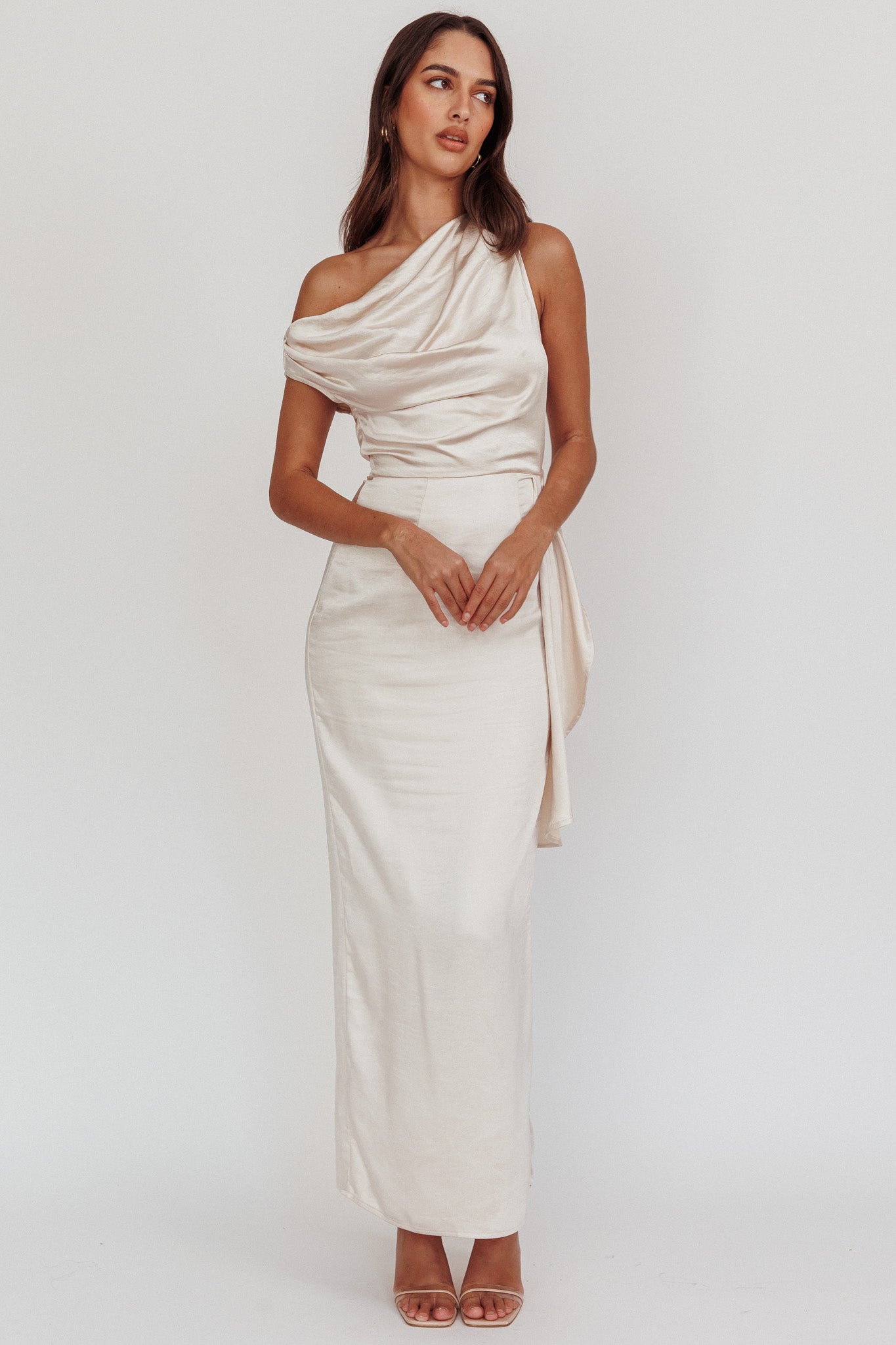 Tova Draped One-Shoulder Maxi Dress Champagne-Maymioy