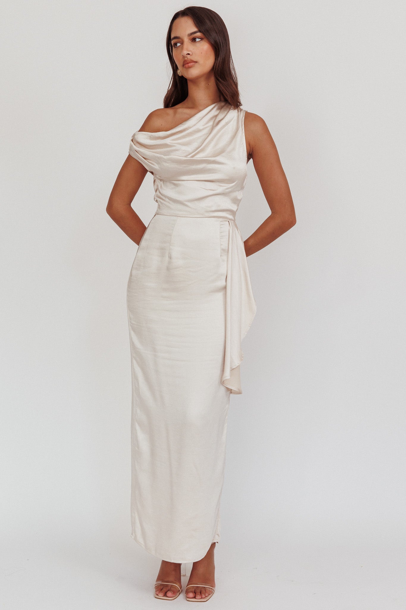 Tova Draped One-Shoulder Maxi Dress Champagne-Maymioy