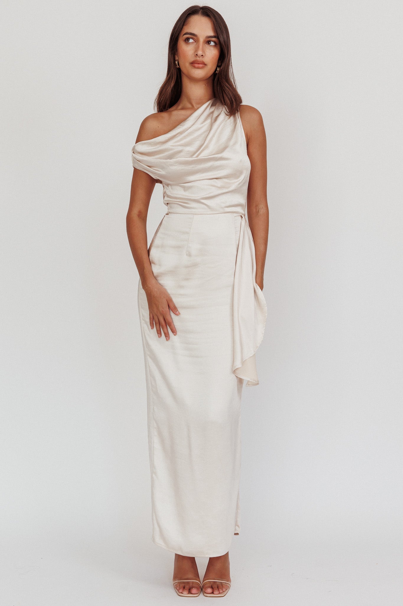 Tova Draped One-Shoulder Maxi Dress Champagne-Maymioy