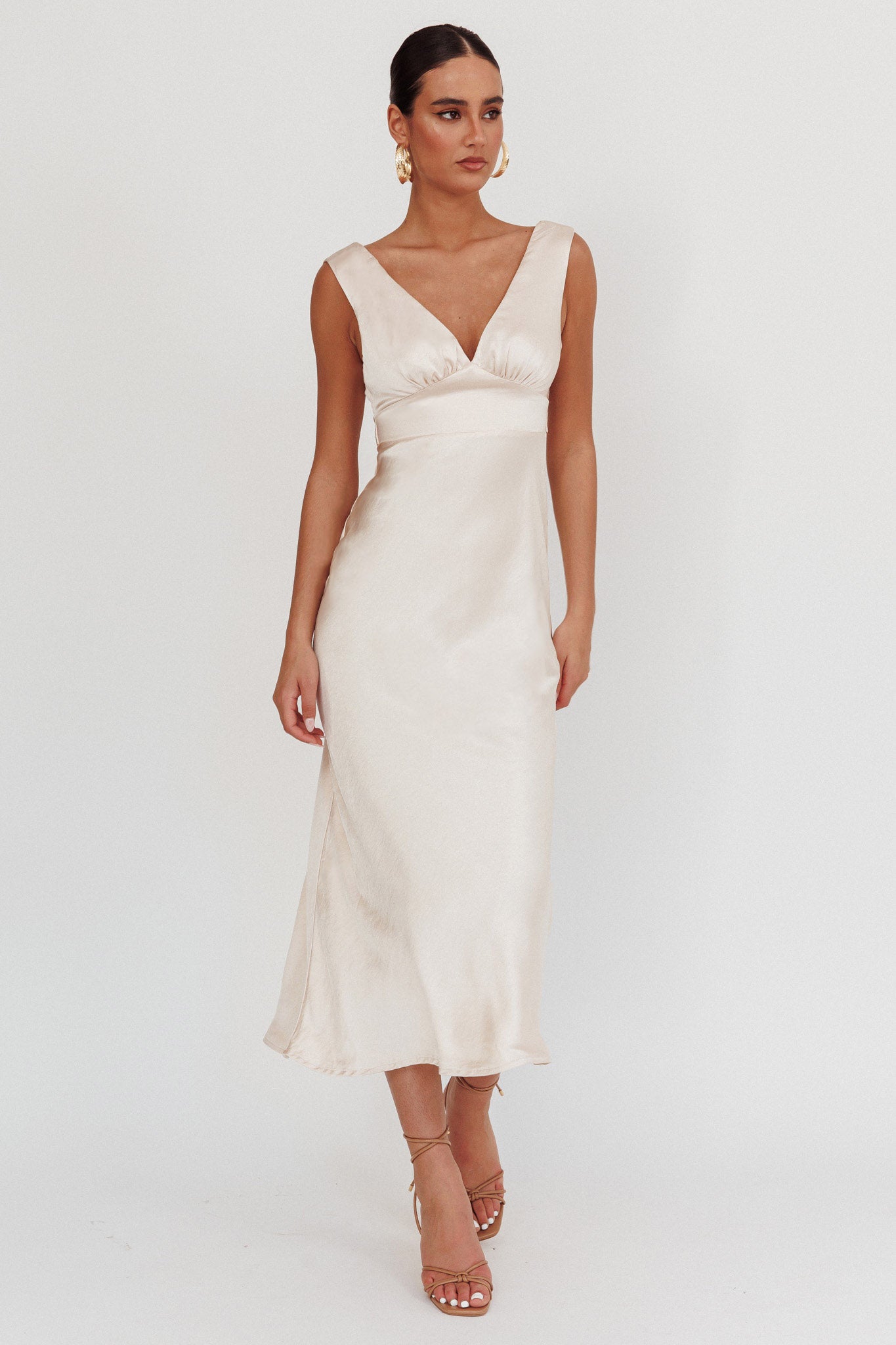 Leila V-Neck Low Back Satin Midi Dress Ivory-Maymioy