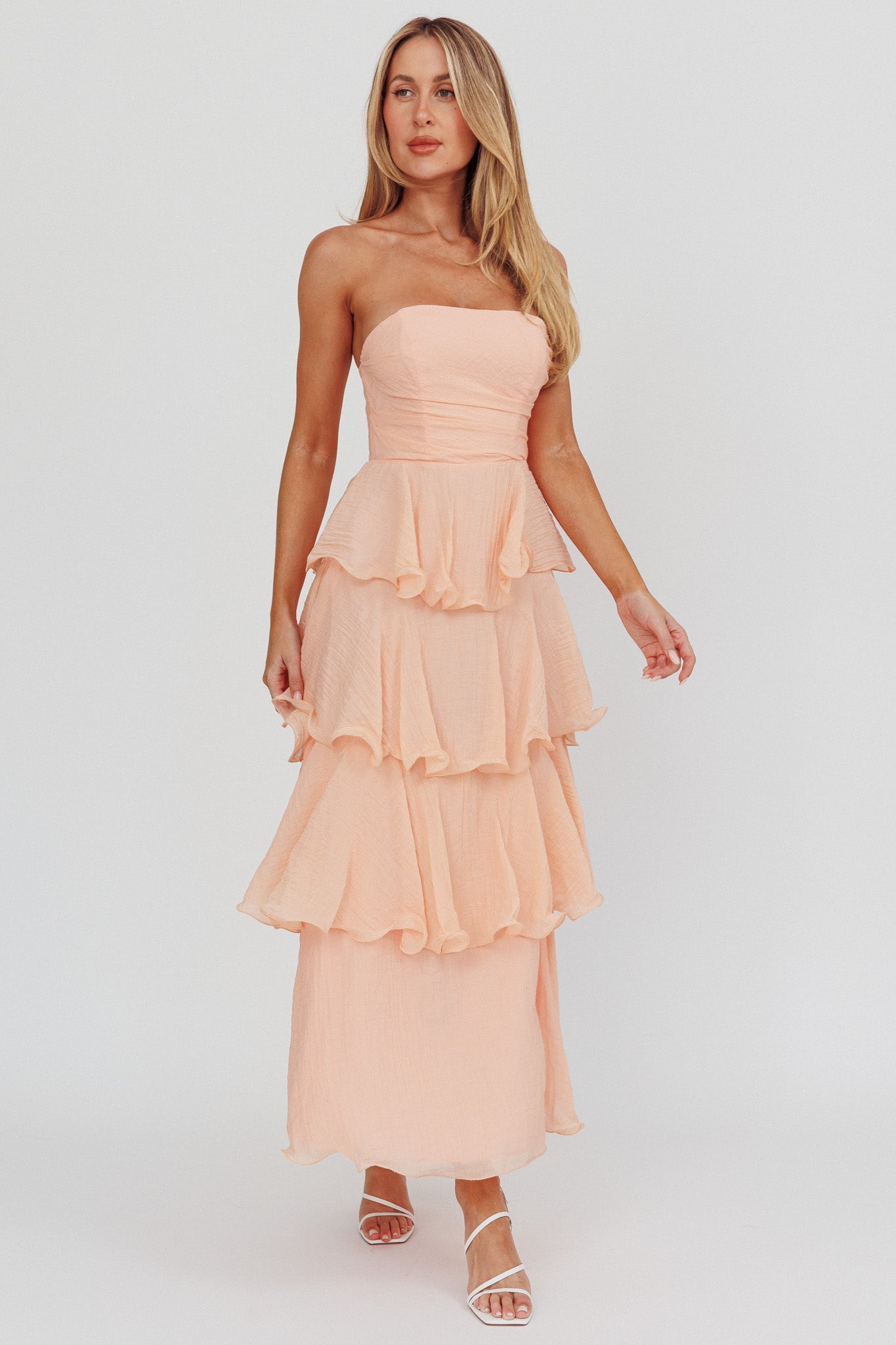 Giavana Strapless Layered Ruffles Midi Dress Blush-Maymioy