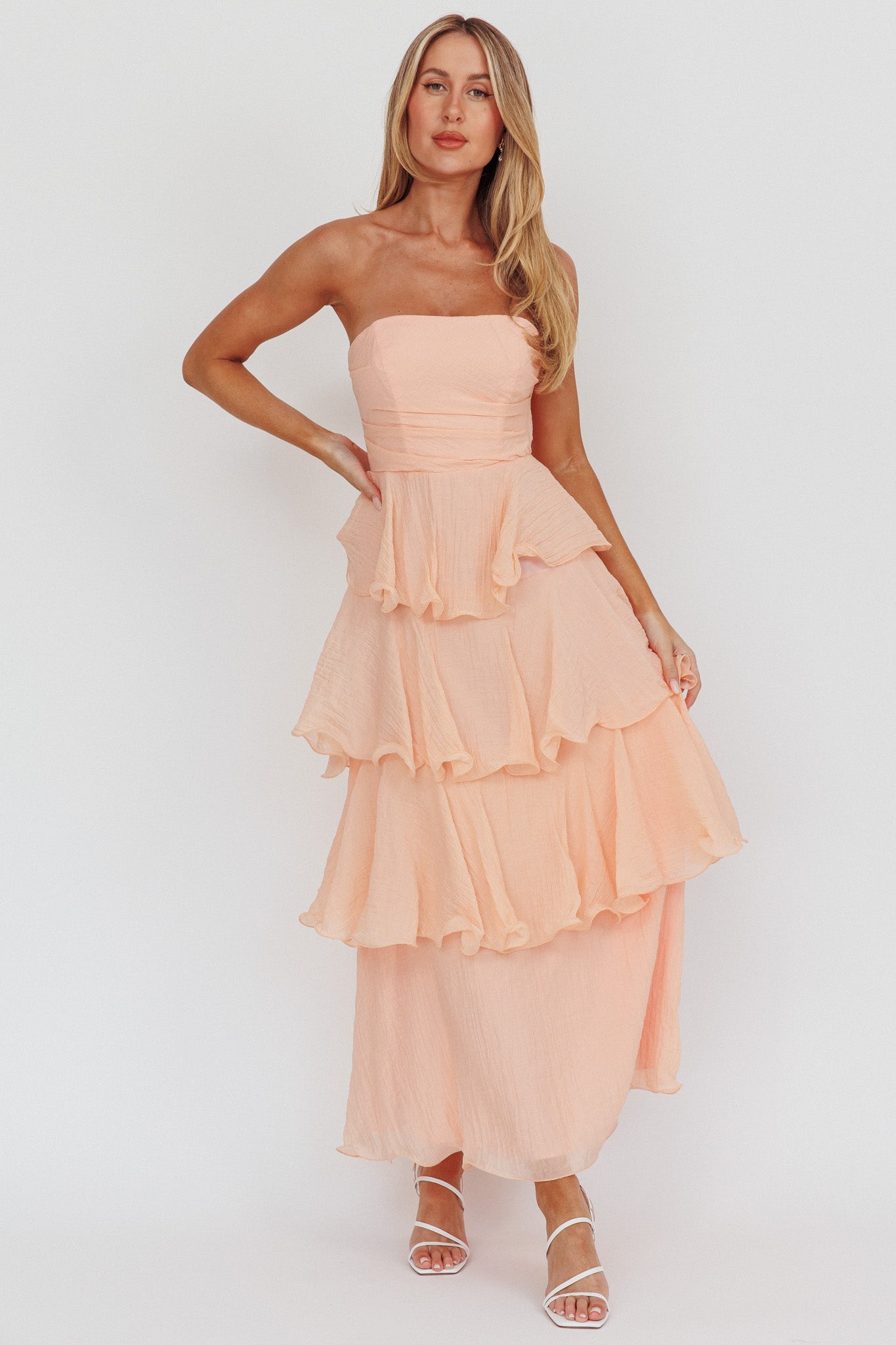 Giavana Strapless Layered Ruffles Midi Dress Blush-Maymioy