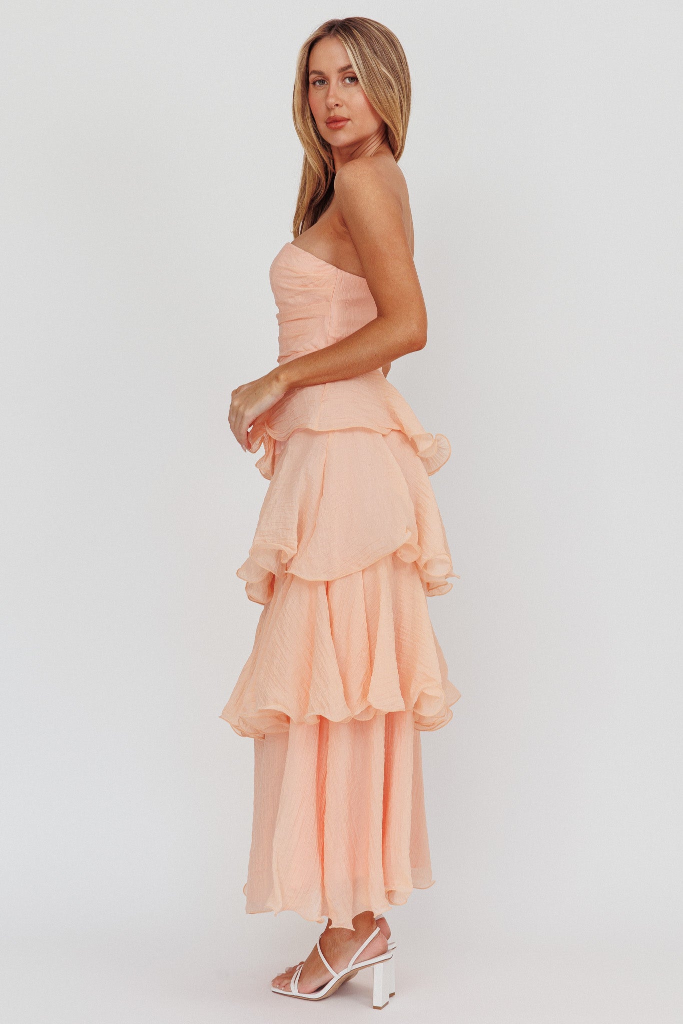Giavana Strapless Layered Ruffles Midi Dress Blush-Maymioy