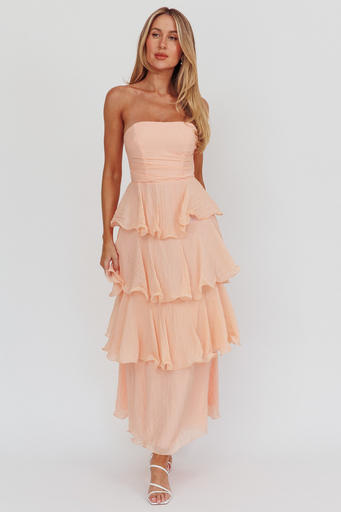 Giavana Strapless Layered Ruffles Midi Dress Blush-Maymioy